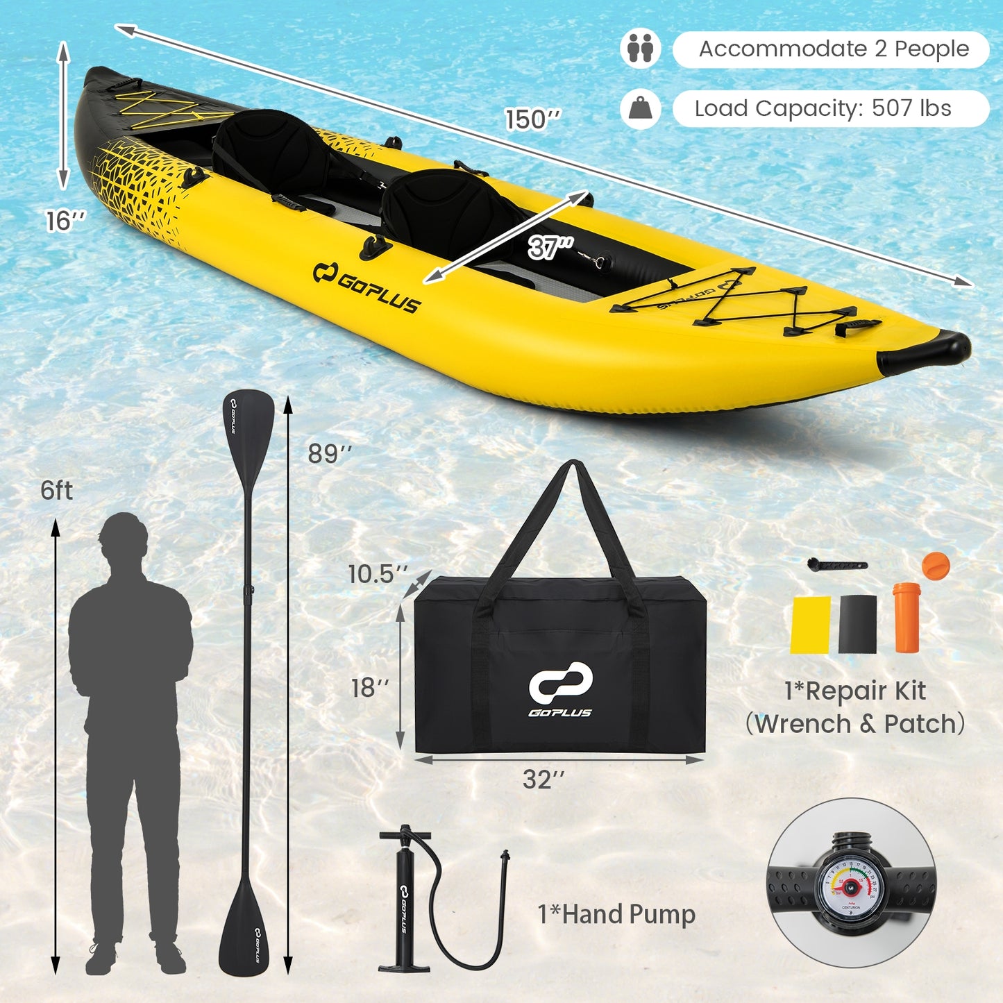 Inflatable 2-person Kayak Set with Aluminium Oars and Repair Kit, Yellow Surfing at Gallery Canada