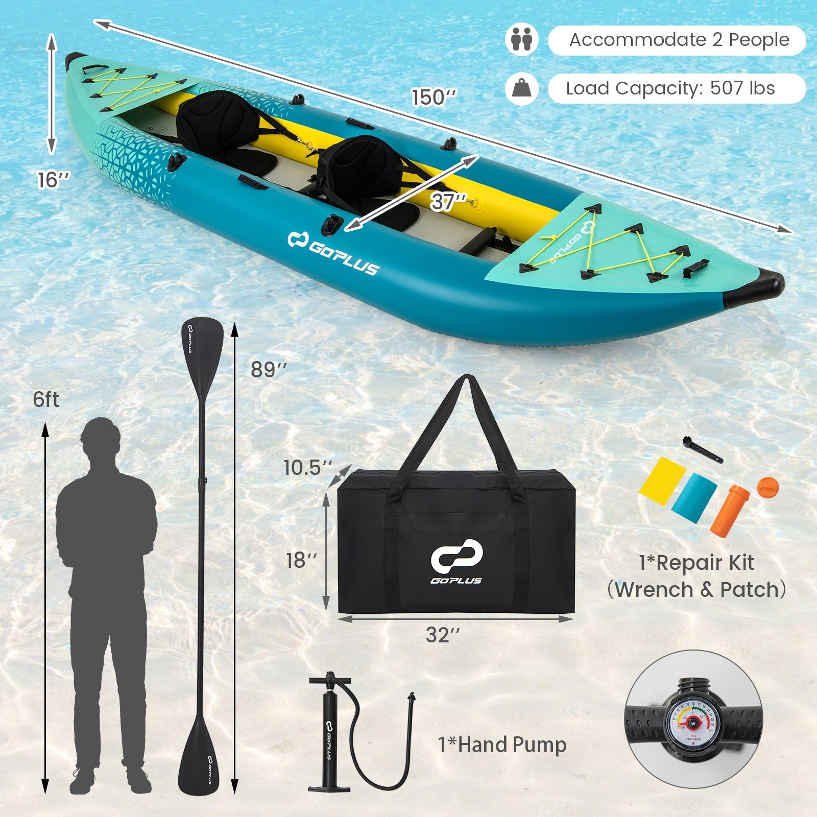 Inflatable 2-person Kayak Set with Aluminium Oars and Repair Kit, Green Surfing at Gallery Canada