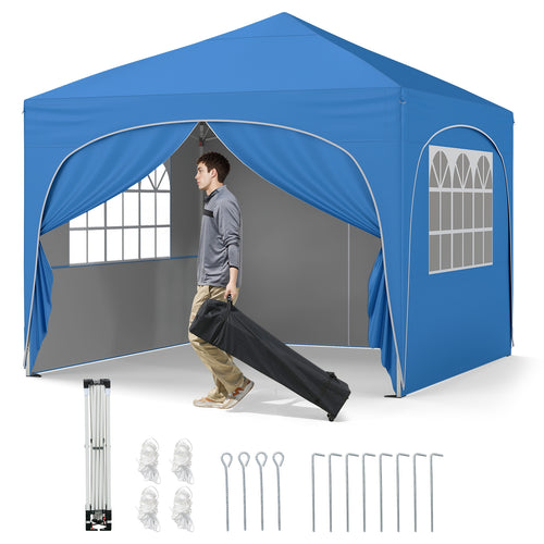 10 X 10 FT Pop Up Canopy Tent, 4 Removable Sidewalls, Blue