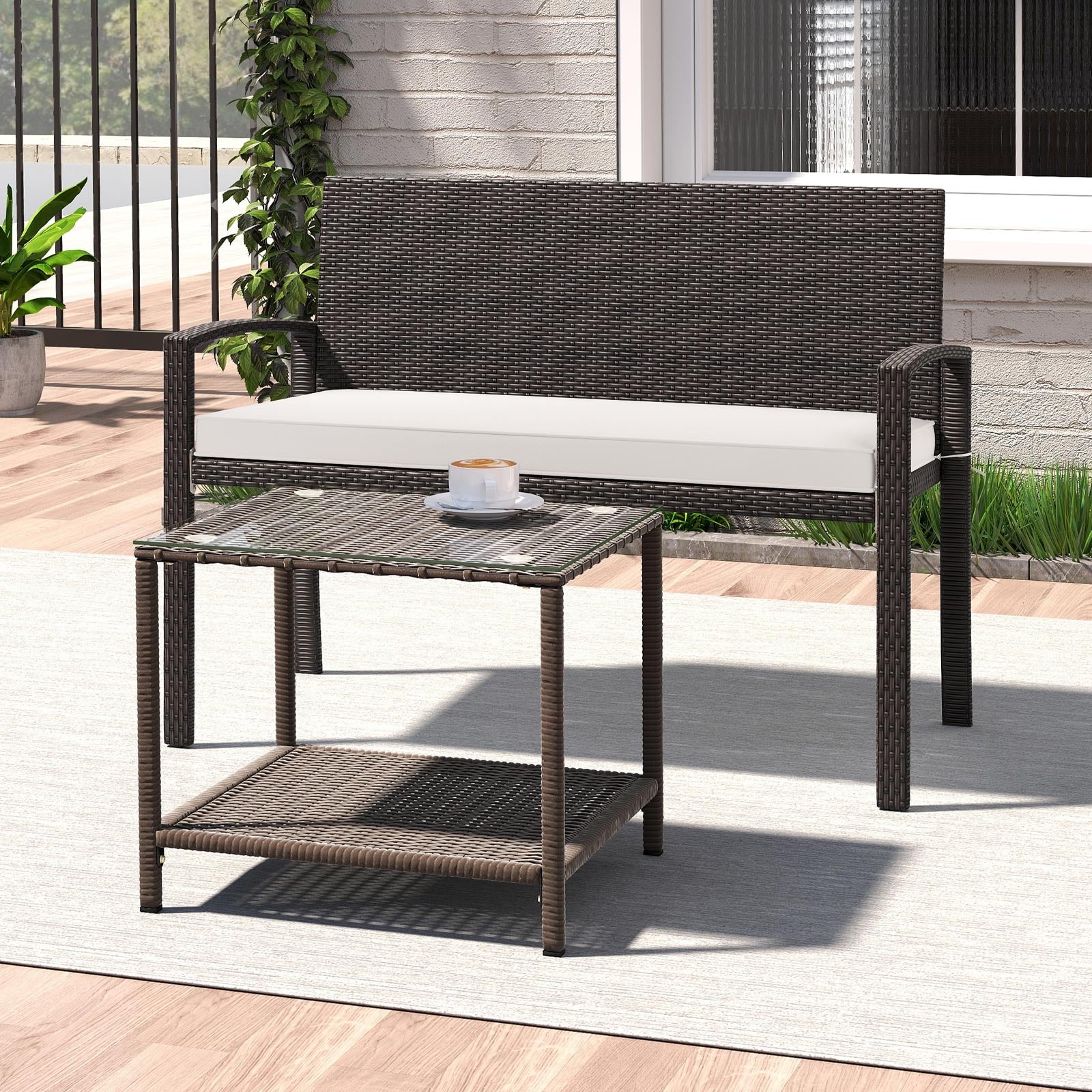Wicker 2-Seat Bench with Soft Seat Cushion and Metal Frame, White Outdoor Benches at Gallery Canada