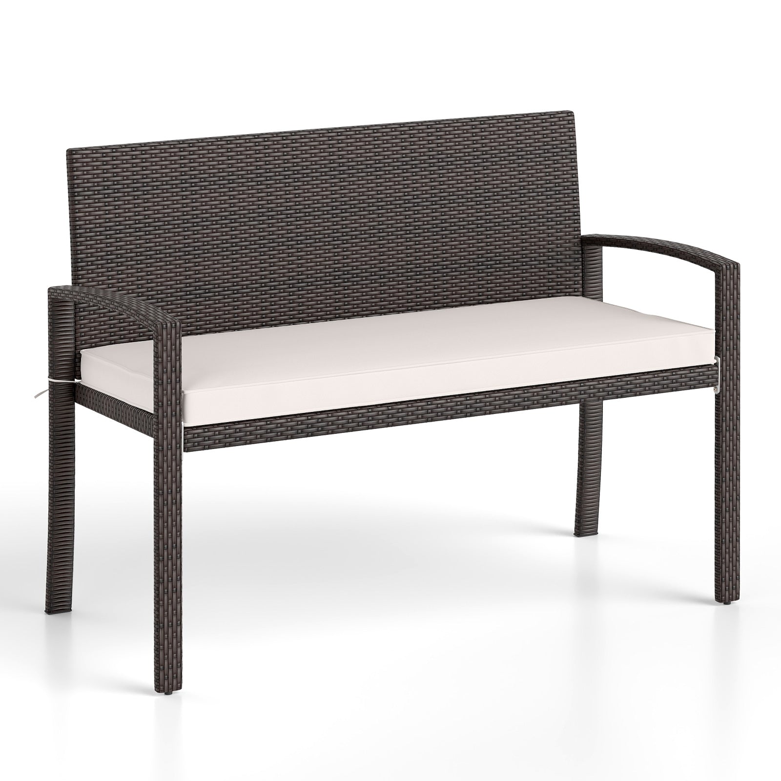 Wicker 2-Seat Bench with Soft Seat Cushion and Metal Frame, White Outdoor Benches White at Gallery Canada