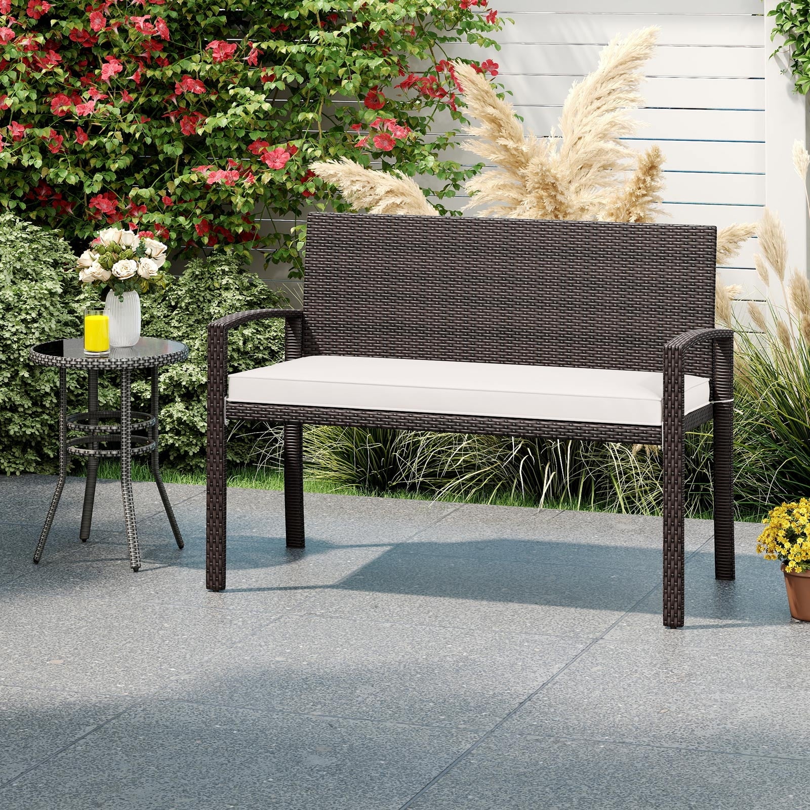 Wicker 2-Seat Bench with Soft Seat Cushion and Metal Frame, White Outdoor Benches at Gallery Canada