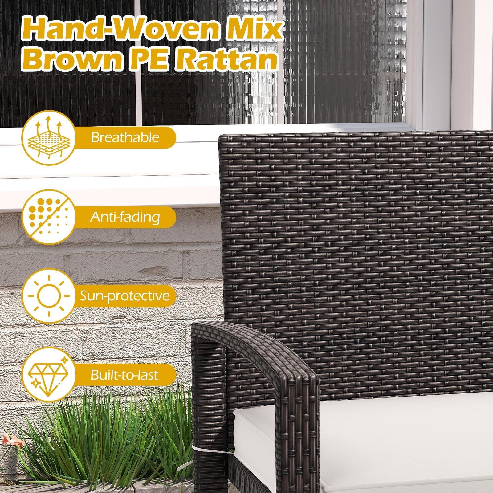 Wicker 2-Seat Bench with Soft Seat Cushion and Metal Frame, White Outdoor Benches at Gallery Canada