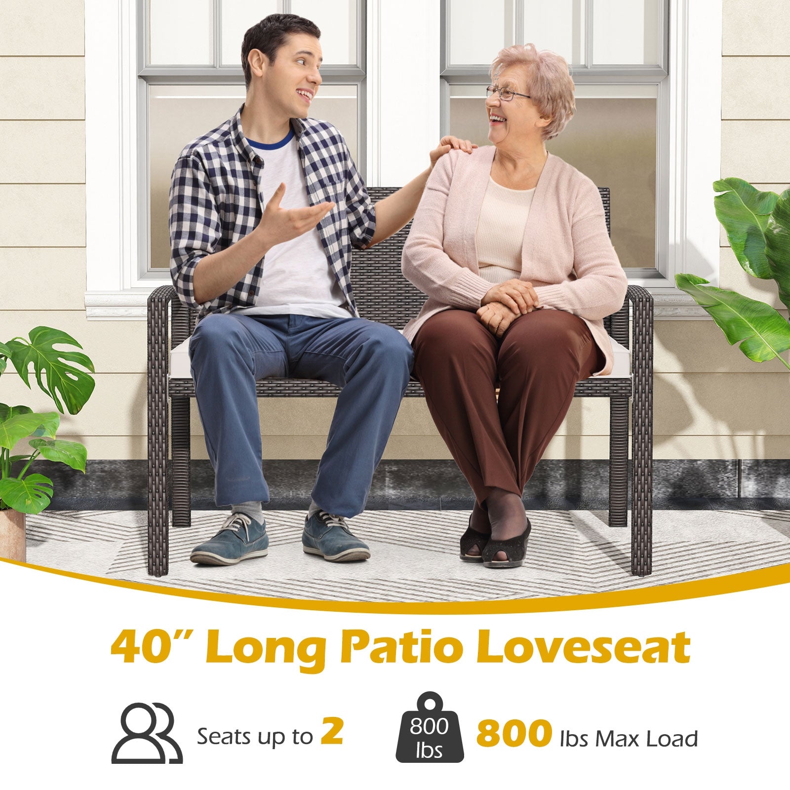 Wicker 2-Seat Bench with Soft Seat Cushion and Metal Frame, White Outdoor Benches at Gallery Canada