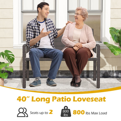 Wicker 2-Seat Bench with Soft Seat Cushion and Metal Frame, White Outdoor Benches at Gallery Canada