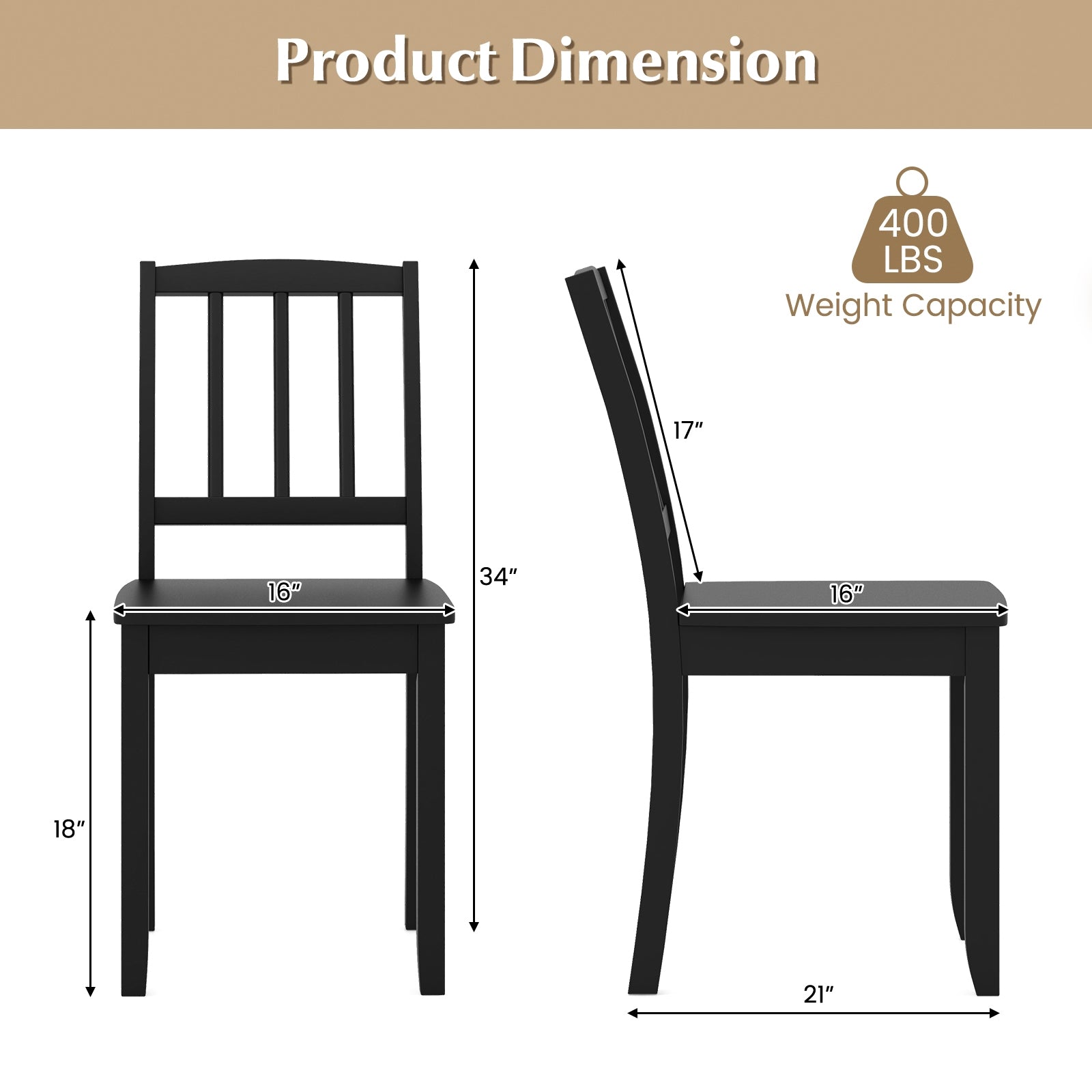 Wood Dining Chair Set of 2 with Rubber Wood Legs, Black Dining Chairs at Gallery Canada