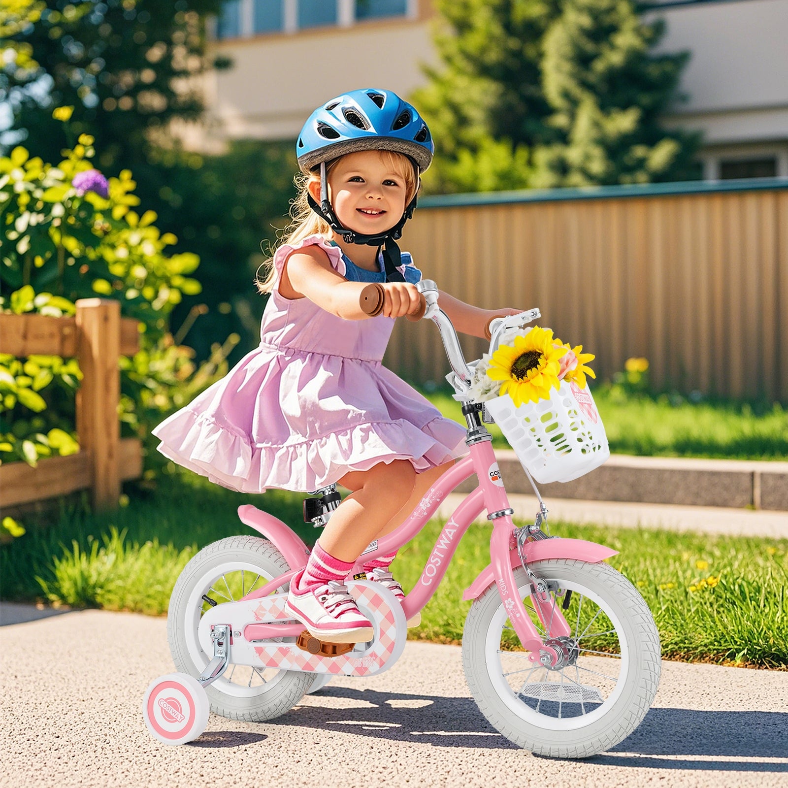12 Inch Kids Bike with Training Wheels and Basket for Boys Girls 3-4 Years Old, Peach Kids Bike at Gallery Canada