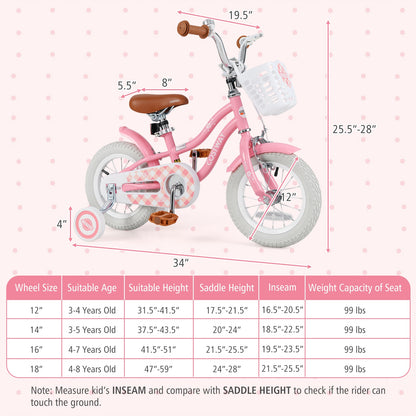 12 Inch Kids Bike with Training Wheels and Basket for Boys Girls 3-4 Years Old, Peach Kids Bike at Gallery Canada