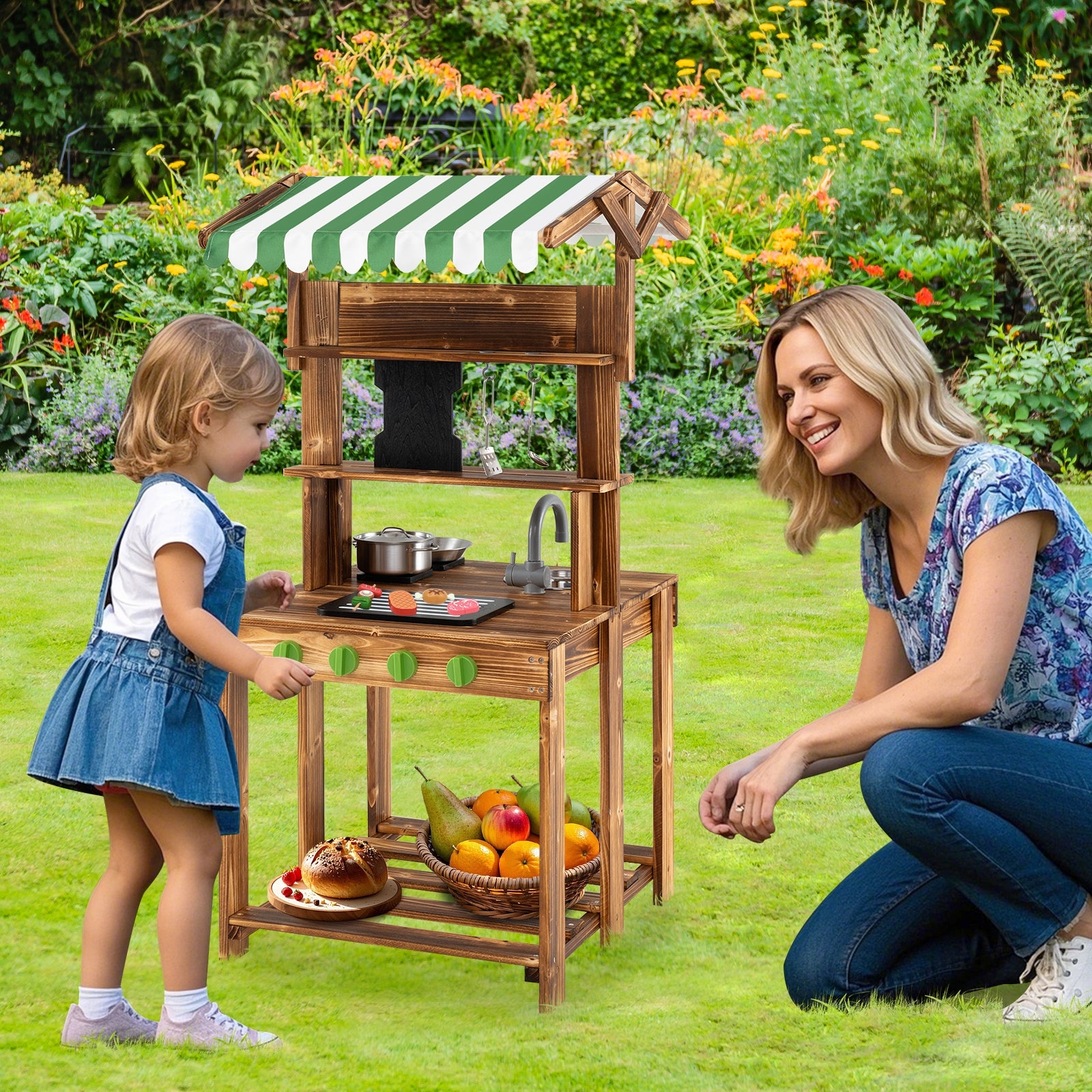 Double-Sided Mud Kitchen with Canopy and Chalkboard for 3+ Years Old, Natural Play Kitchen Sets at Gallery Canada