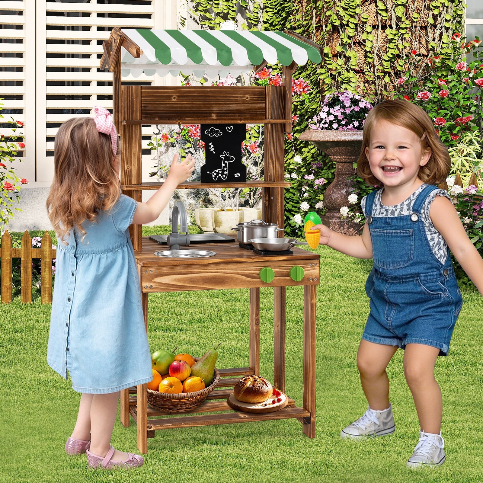Double-Sided Mud Kitchen with Canopy and Chalkboard for 3+ Years Old, Natural Play Kitchen Sets at Gallery Canada