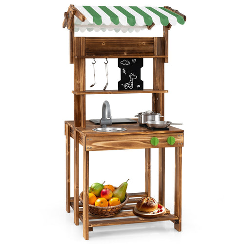 Double-Sided Mud Kitchen With Canopy And Chalkboard, Natural