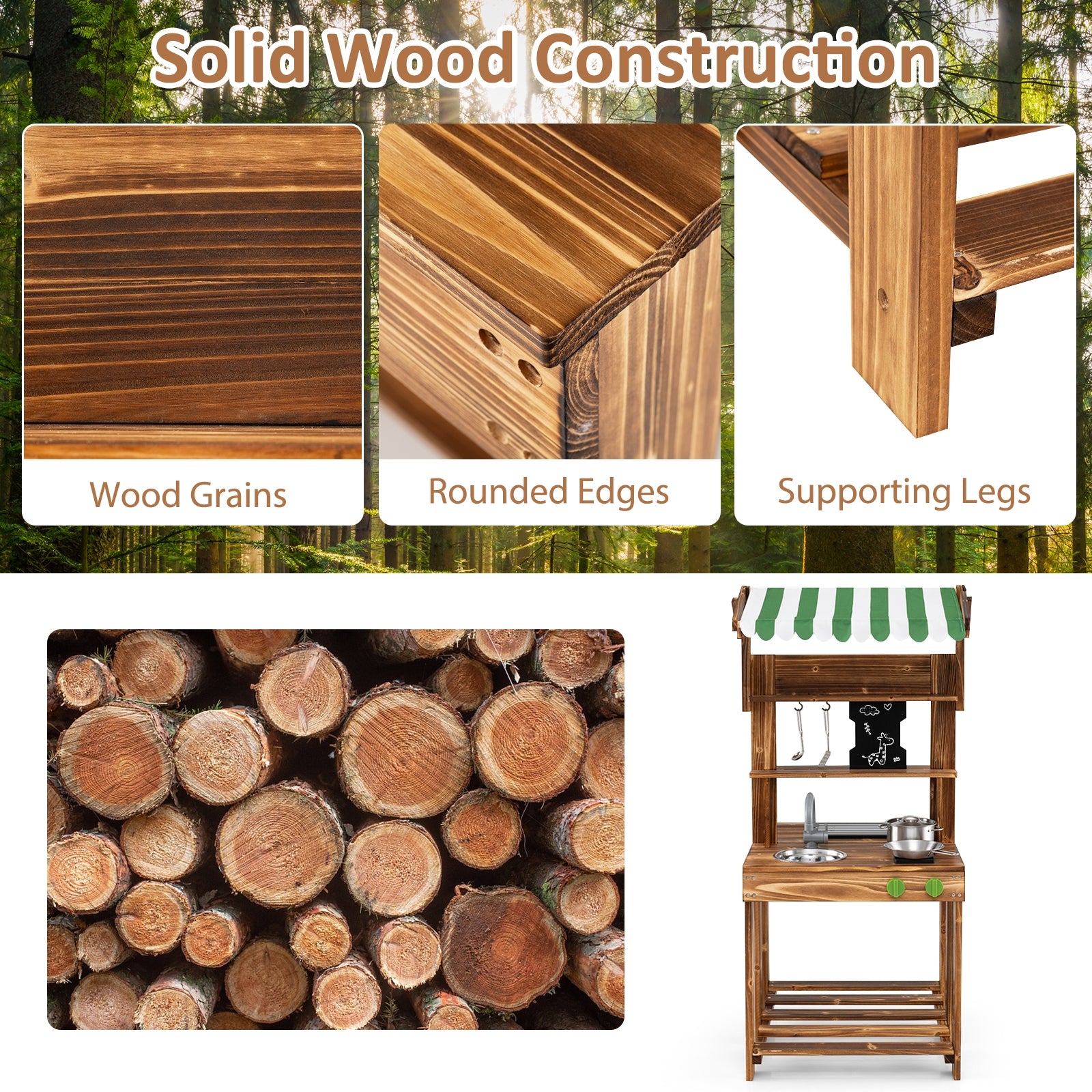 Double-Sided Mud Kitchen with Canopy and Chalkboard for 3+ Years Old, Natural Play Kitchen Sets at Gallery Canada