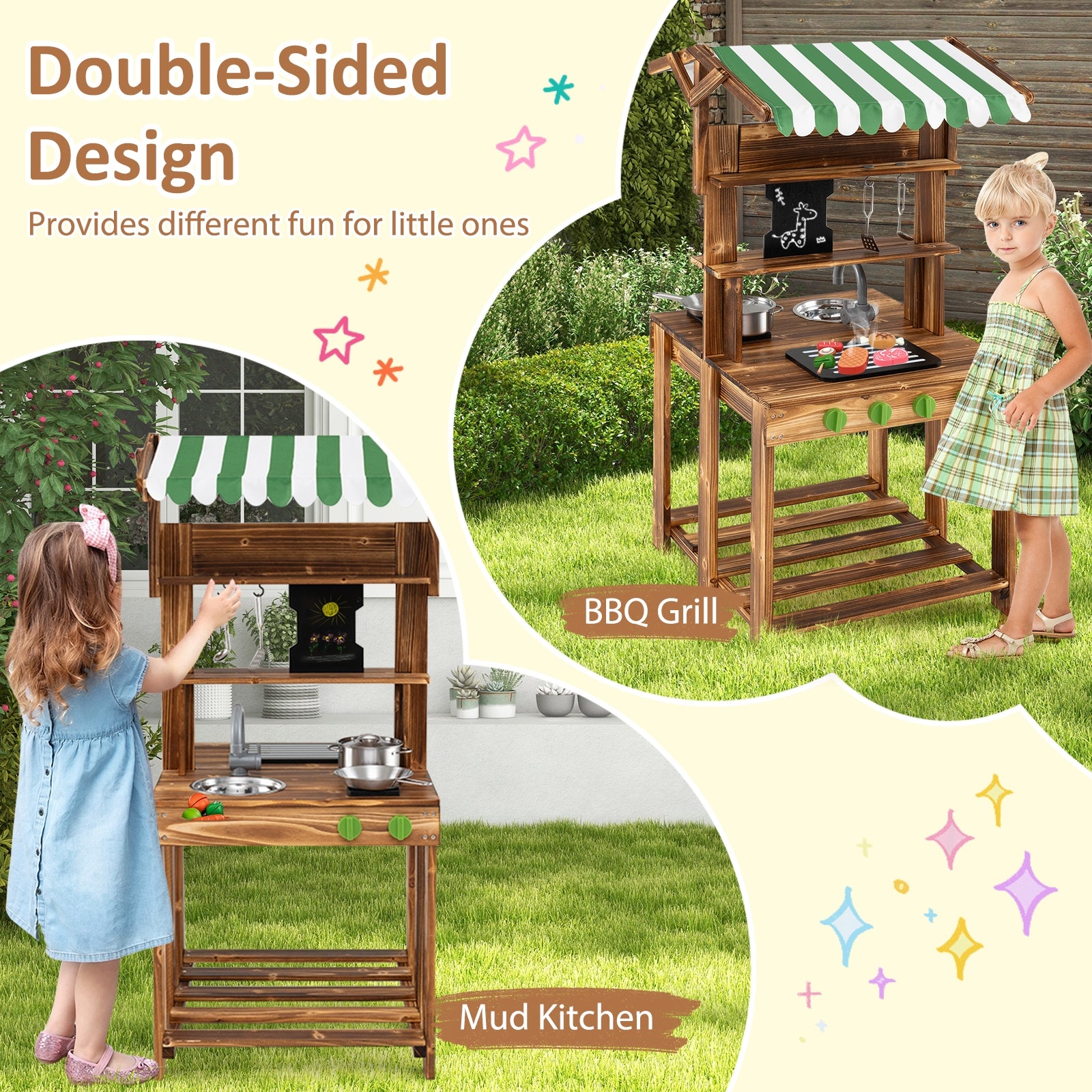 Double-Sided Mud Kitchen with Canopy and Chalkboard for 3+ Years Old, Natural Play Kitchen Sets at Gallery Canada