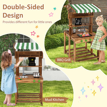 Double-Sided Mud Kitchen with Canopy and Chalkboard for 3+ Years Old, Natural Play Kitchen Sets at Gallery Canada