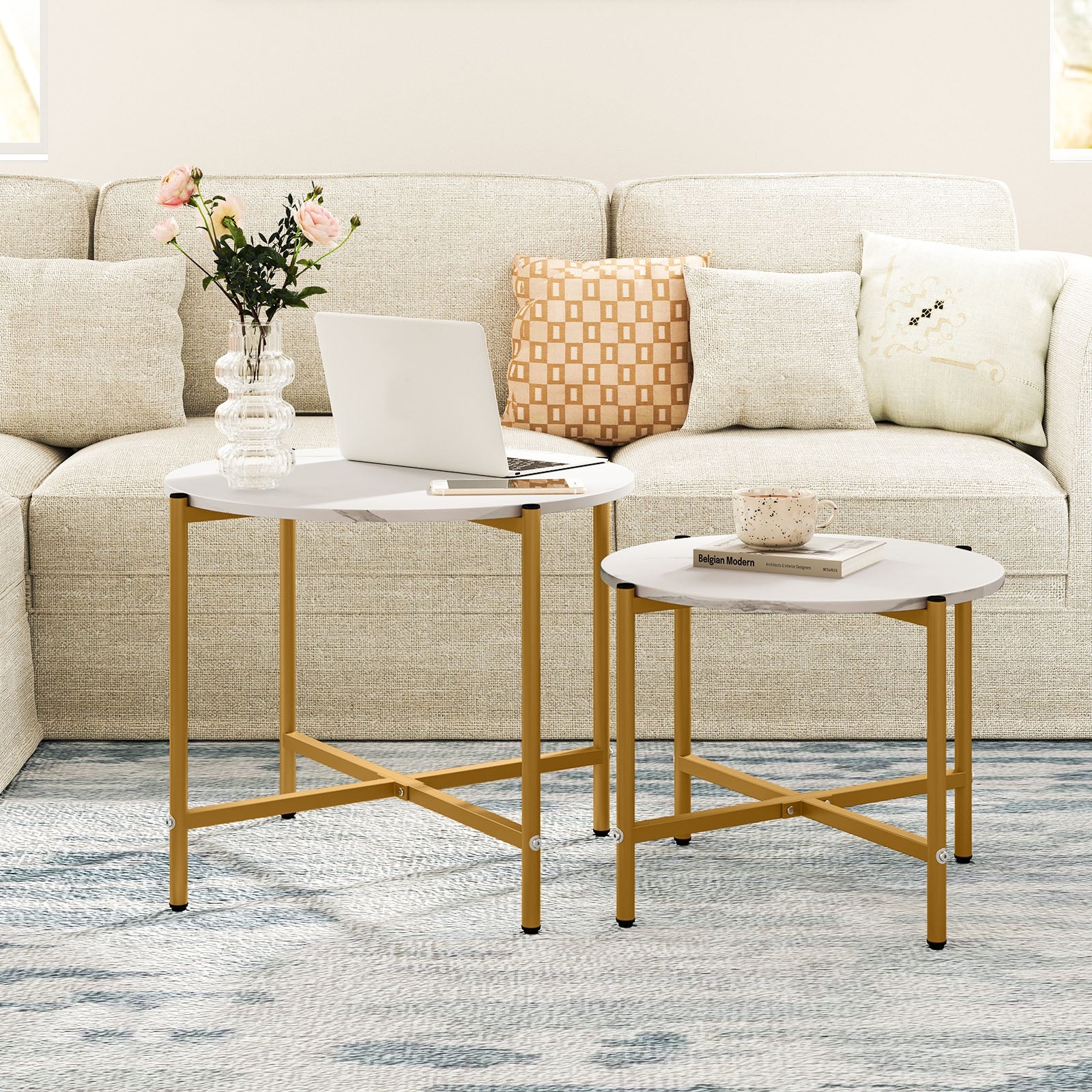 Round Coffee Table Set of 2 with Heavy-Duty Metal Frame, White Coffee Tables at Gallery Canada