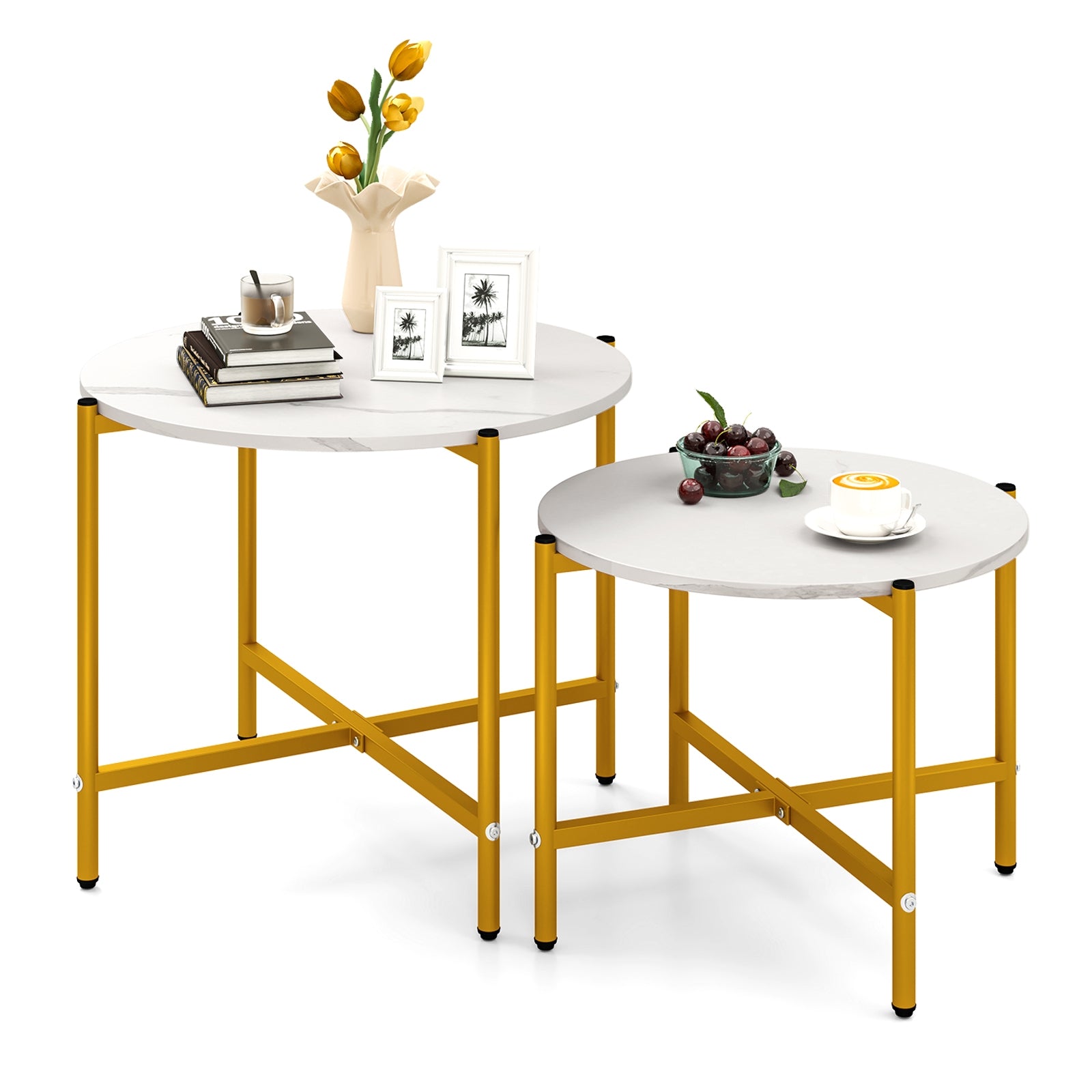 Round Coffee Table Set of 2 with Heavy-Duty Metal Frame, White Coffee Tables at Gallery Canada