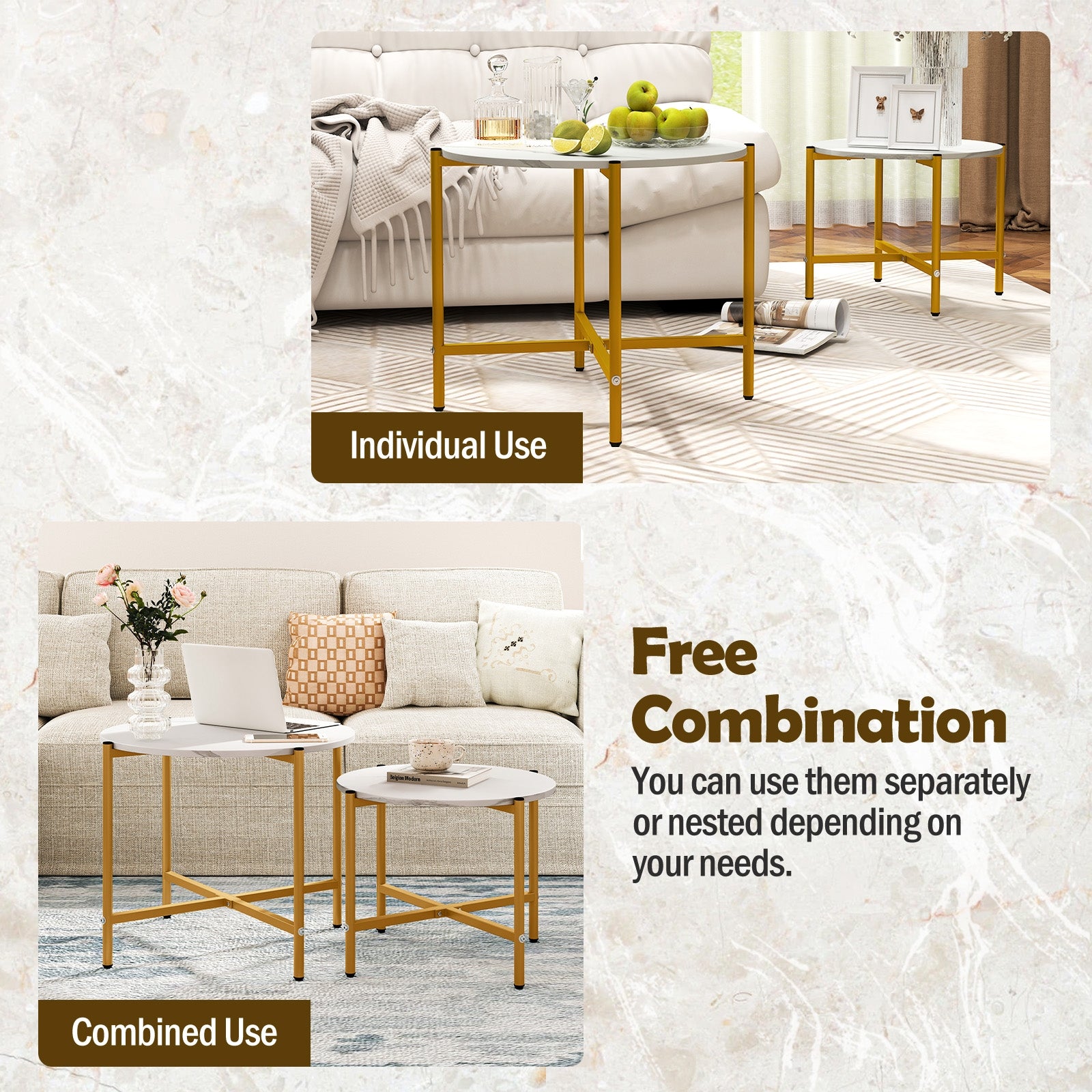 Round Coffee Table Set of 2 with Heavy-Duty Metal Frame, White Coffee Tables at Gallery Canada