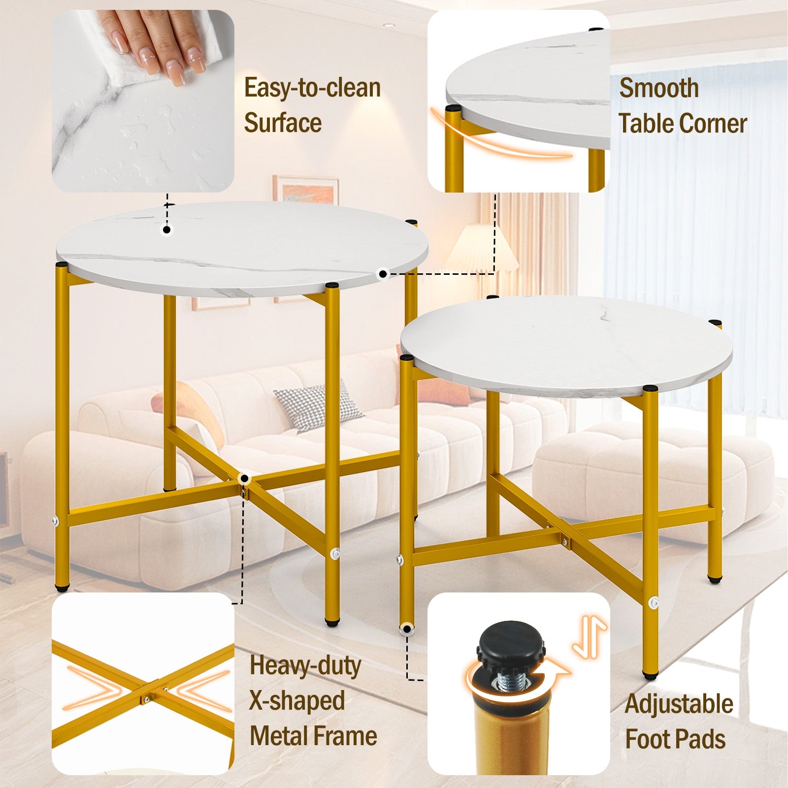 Round Coffee Table Set of 2 with Heavy-Duty Metal Frame, White Coffee Tables at Gallery Canada