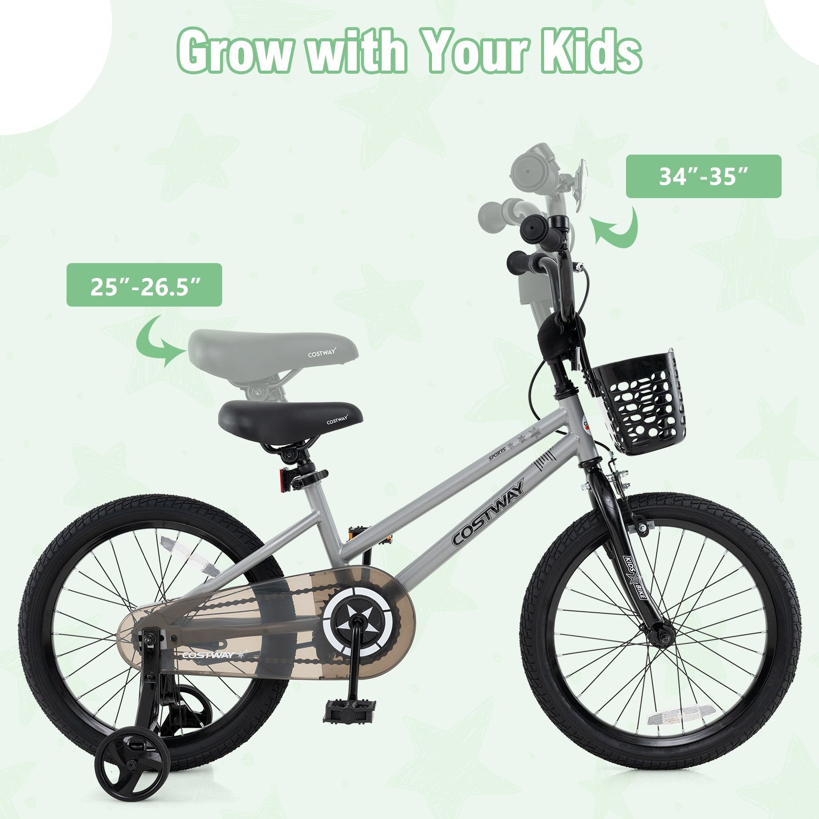 18 Inch Kids Bike Adjustable with Transparent Chain Cover for 4-8 Years Old, Silver Kids Bike at Gallery Canada