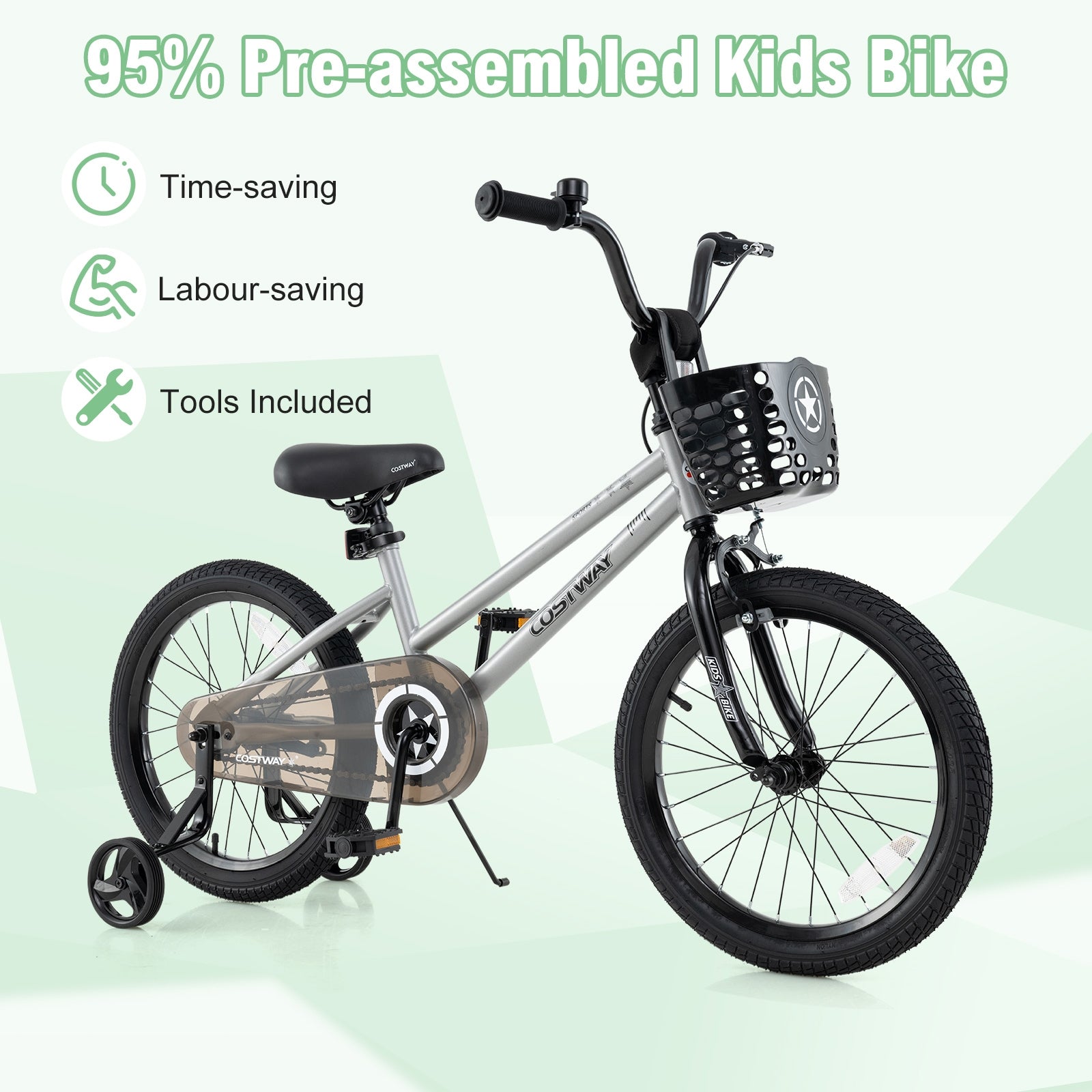 18 Inch Kids Bike Adjustable with Transparent Chain Cover for 4-8 Years Old, Silver Kids Bike at Gallery Canada