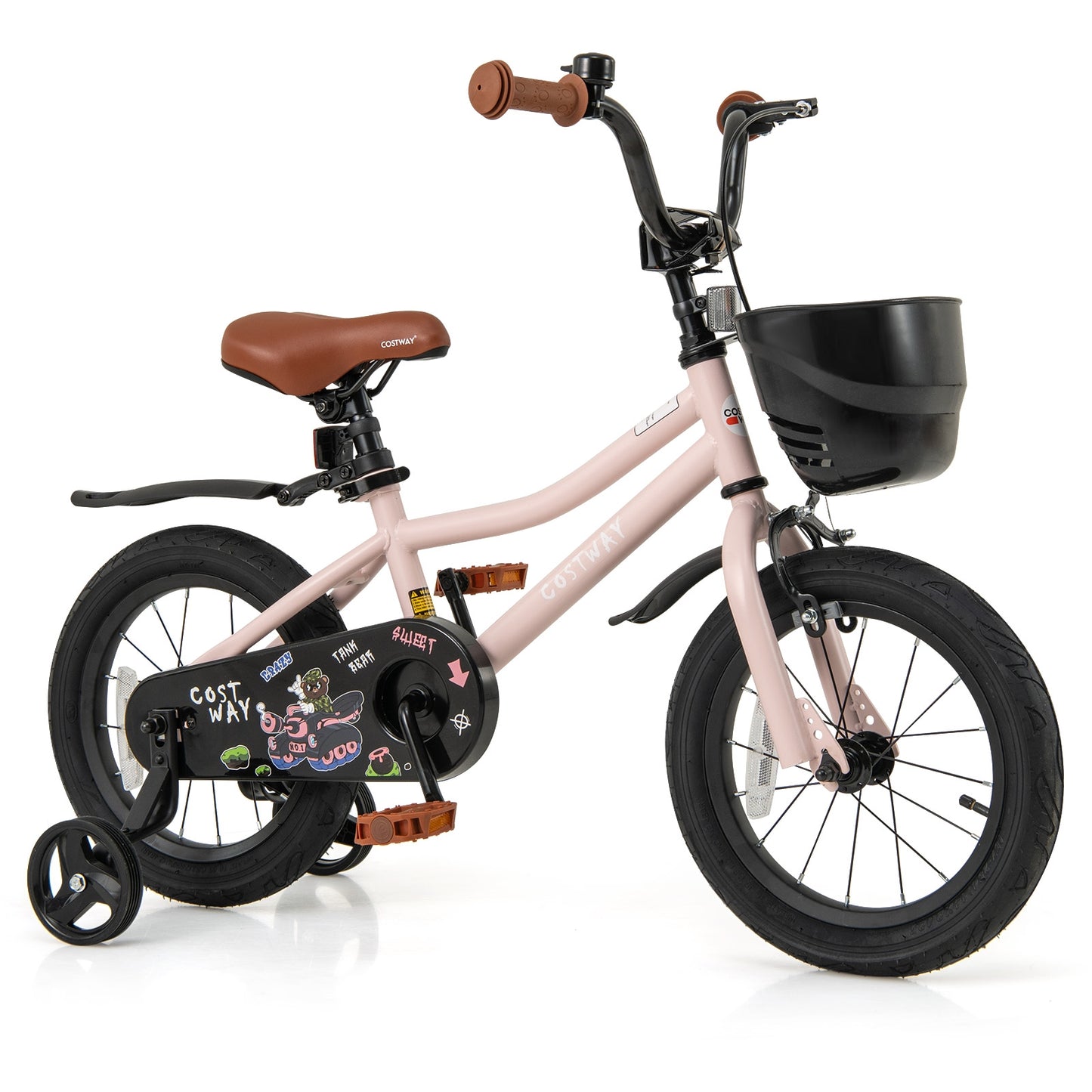 14 Inches Kids Bike With Basket, Adjustable Handlebar, 3-5 Years, Pink