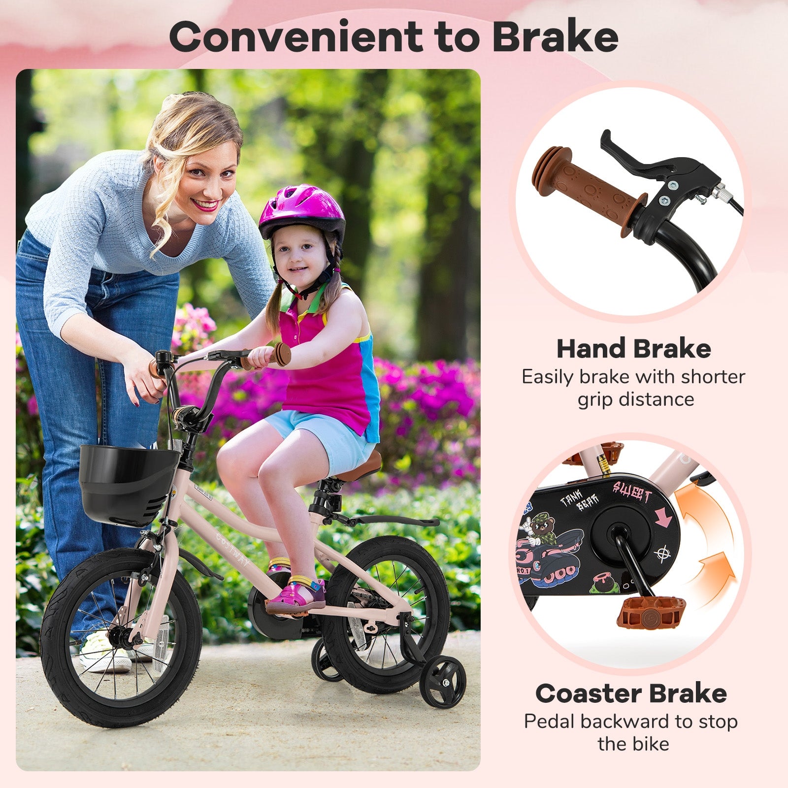 14 Inches Kids Bike with Basket and Adjustable Handlebar for 3-5 Years Old, Pink Kids Bike at Gallery Canada