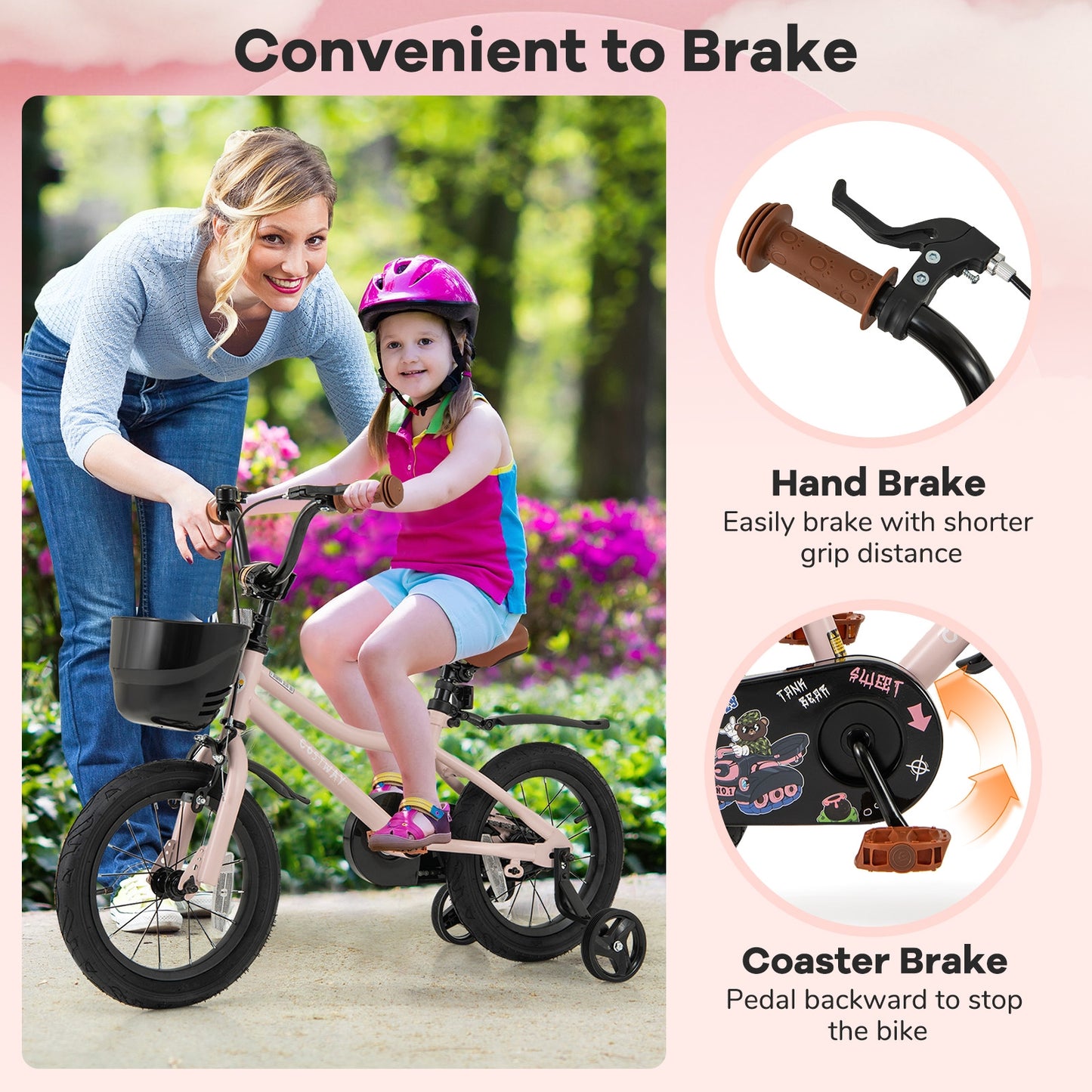 14 Inches Kids Bike with Basket and Adjustable Handlebar for 3-5 Years Old, Pink Kids Bike at Gallery Canada
