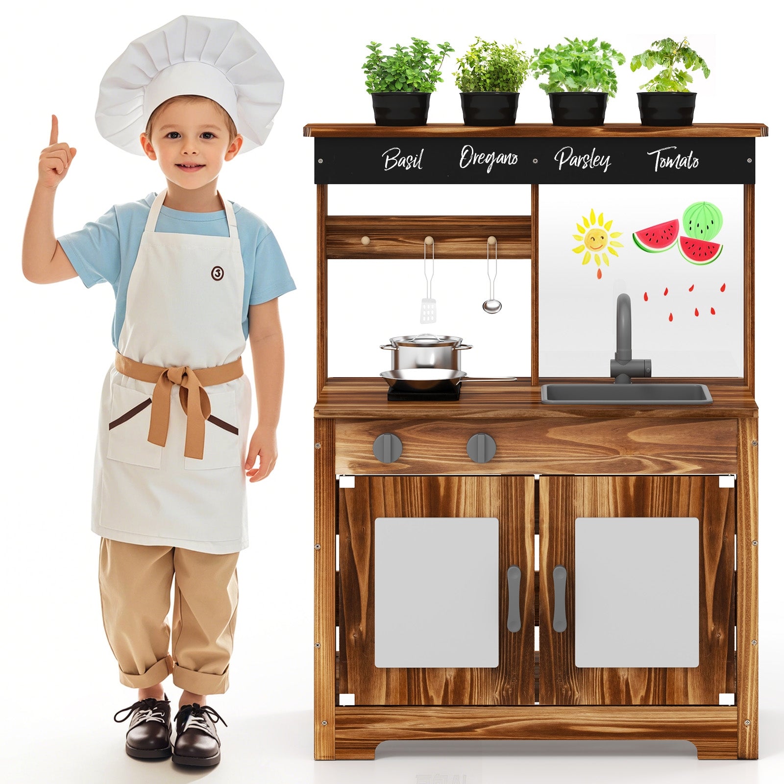 Mud Kitchen Fir Wood Play Kitchen with 4 Panting Pots Faucet Removable Sink, Natural Play Kitchen Sets at Gallery Canada
