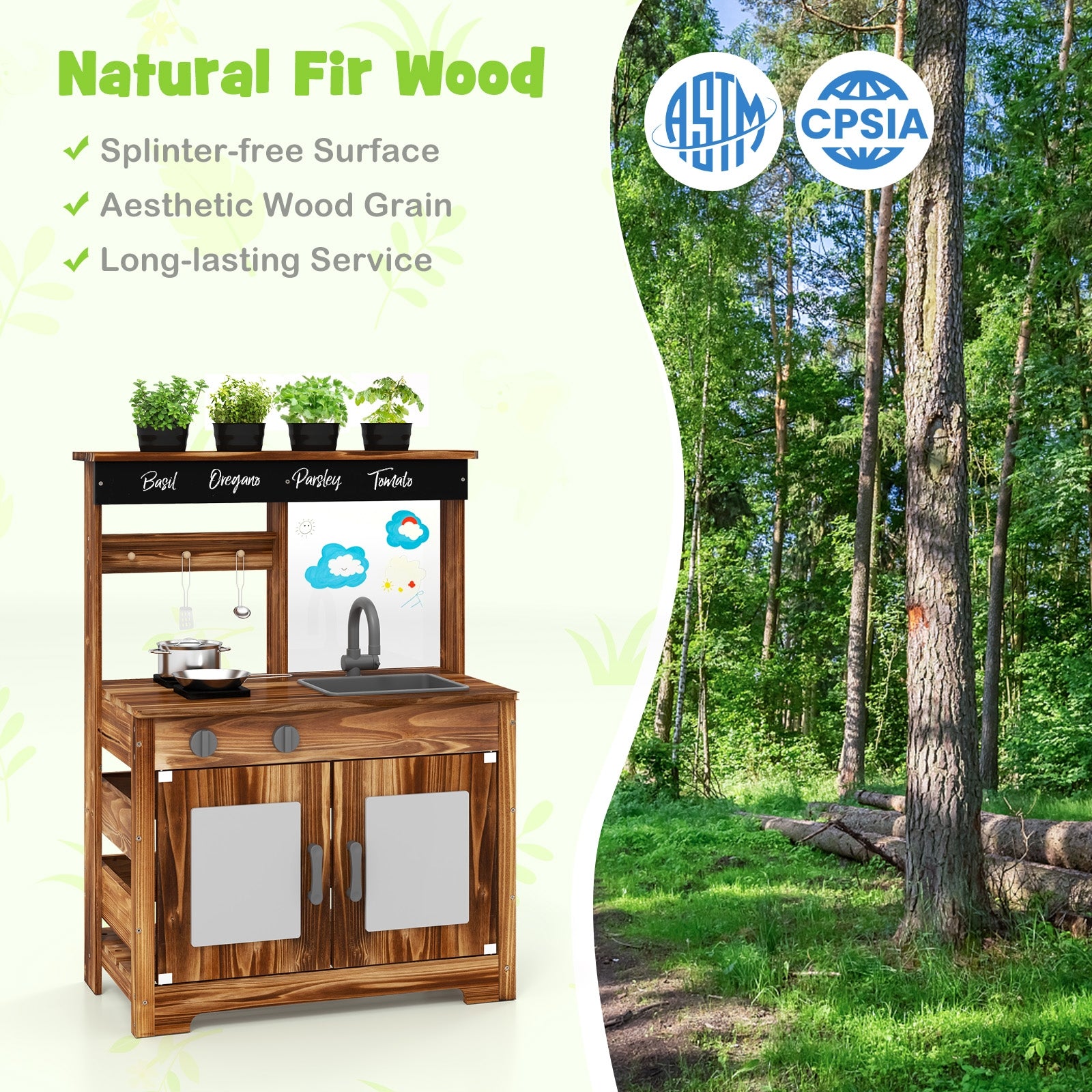 Mud Kitchen Fir Wood Play Kitchen with 4 Panting Pots Faucet Removable Sink, Natural Play Kitchen Sets at Gallery Canada