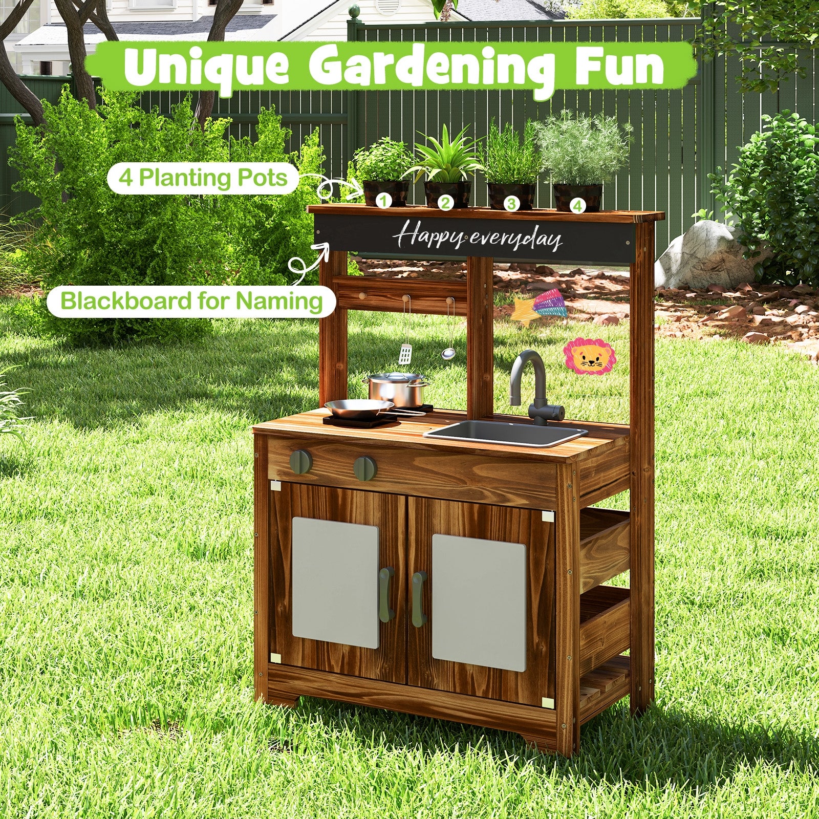 Mud Kitchen Fir Wood Play Kitchen with 4 Panting Pots Faucet Removable Sink, Natural Play Kitchen Sets at Gallery Canada