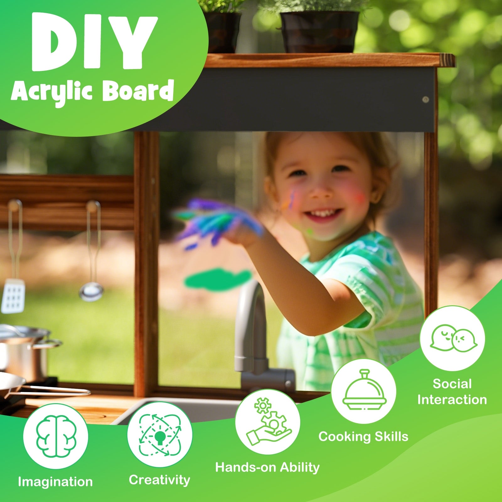 Mud Kitchen Fir Wood Play Kitchen with 4 Panting Pots Faucet Removable Sink, Natural Play Kitchen Sets at Gallery Canada