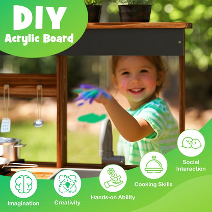 Mud Kitchen Fir Wood Play Kitchen with 4 Panting Pots Faucet Removable Sink, Natural Play Kitchen Sets at Gallery Canada