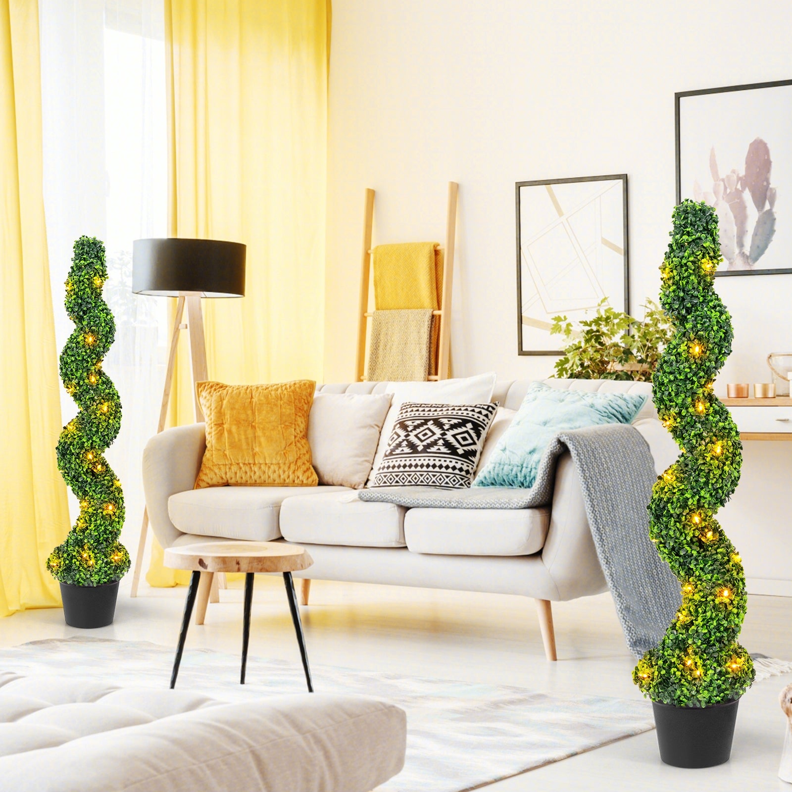 Pre-Lit Artificial Boxwood Spiral Topiary Tree Set of 2 with 100 LED Lights Faux Plants at Gallery Canada