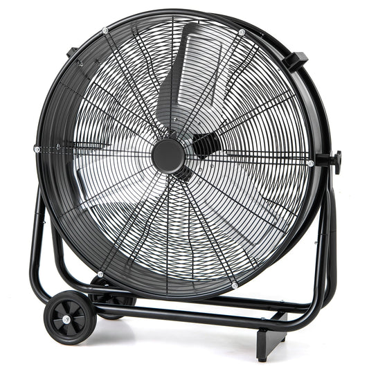 Industrial Drum Fan, 2 Wheels, 360-Degree Adjustable Tilt, Black
