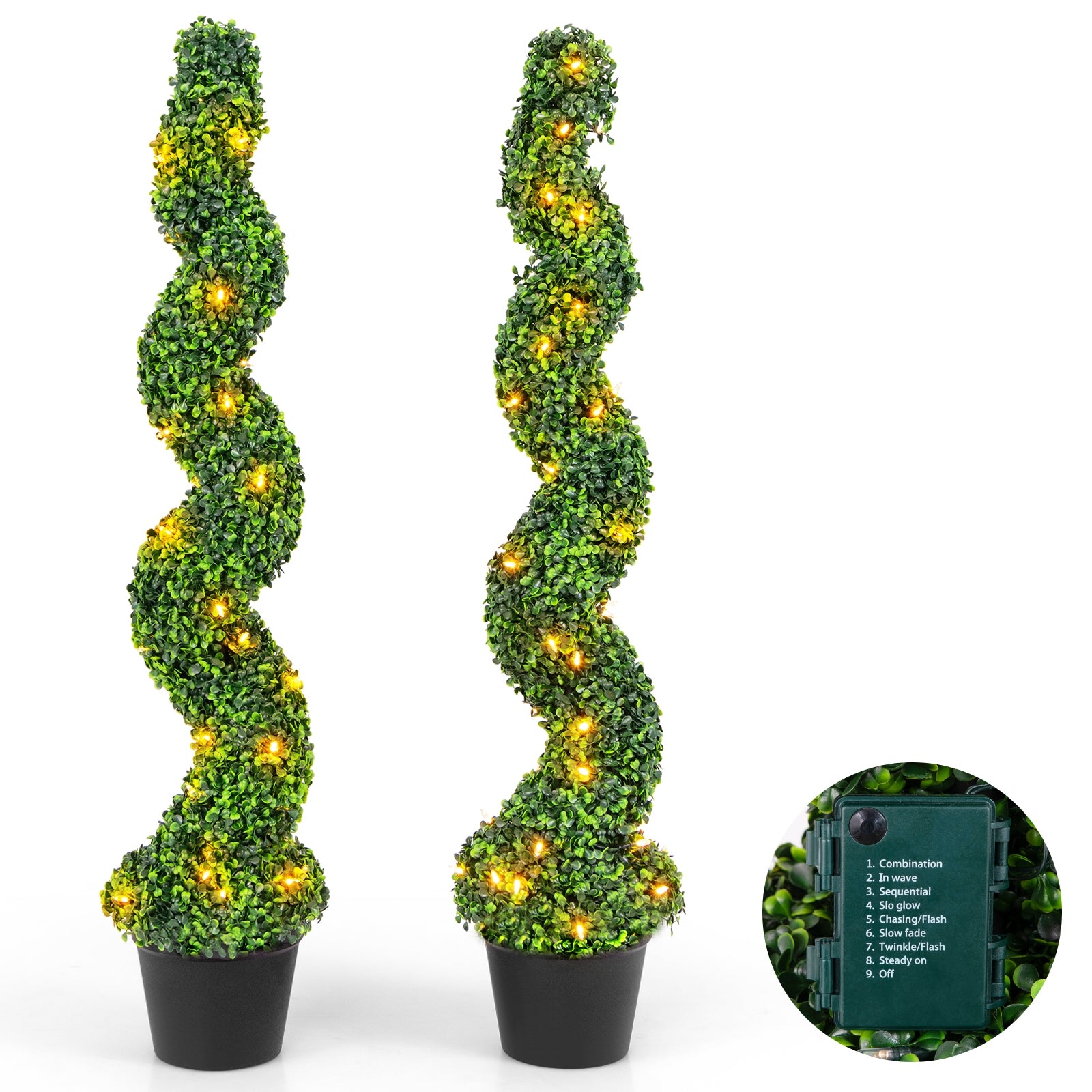 Pre-Lit Artificial Boxwood Spiral Topiary Tree Set of 2 with 100 LED Lights Faux Plants at Gallery Canada