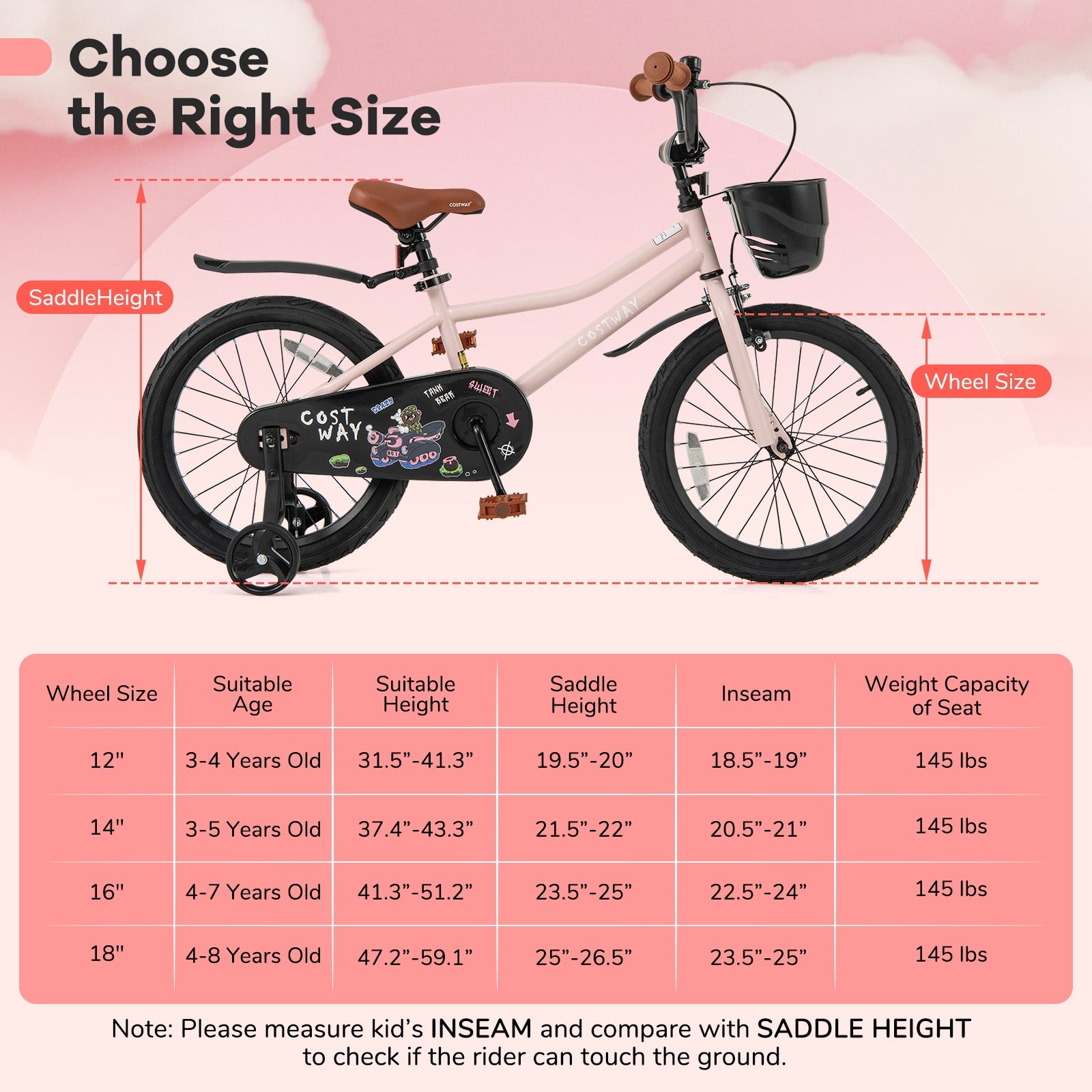 18 Inches Kids Bike with Basket and Adjustable Handlebar for 4-8 Years Old, Pink Kids Bike at Gallery Canada