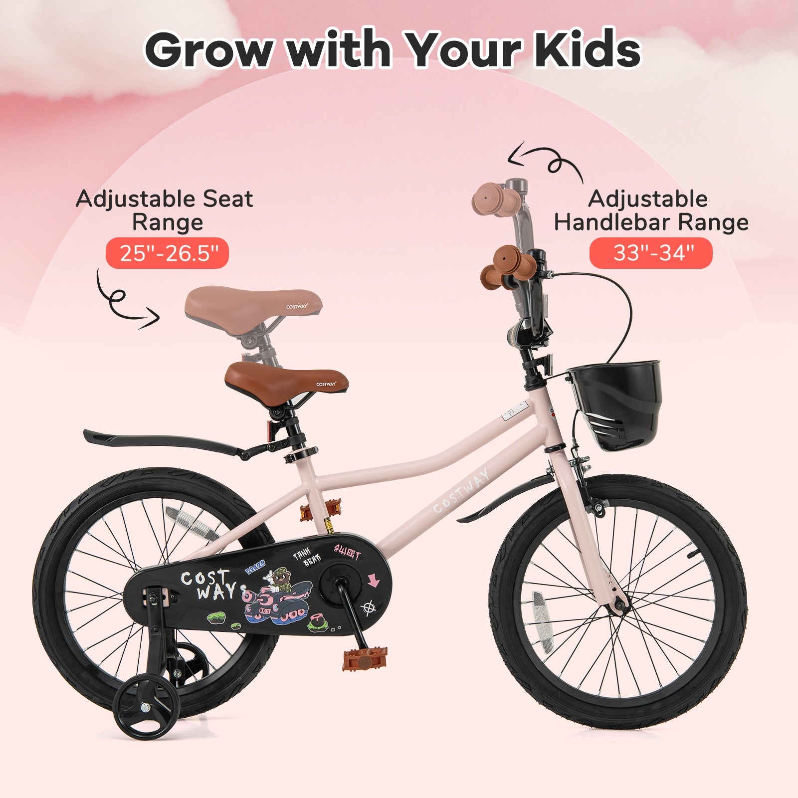 18 Inches Kids Bike with Basket and Adjustable Handlebar for 4-8 Years Old, Pink Kids Bike at Gallery Canada