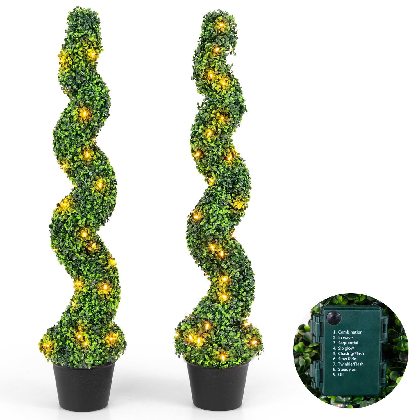 Pre-Lit Artificial Boxwood Spiral Topiary Tree Set of 2 with 100 LED Lights Faux Plants Green, Black at Gallery Canada