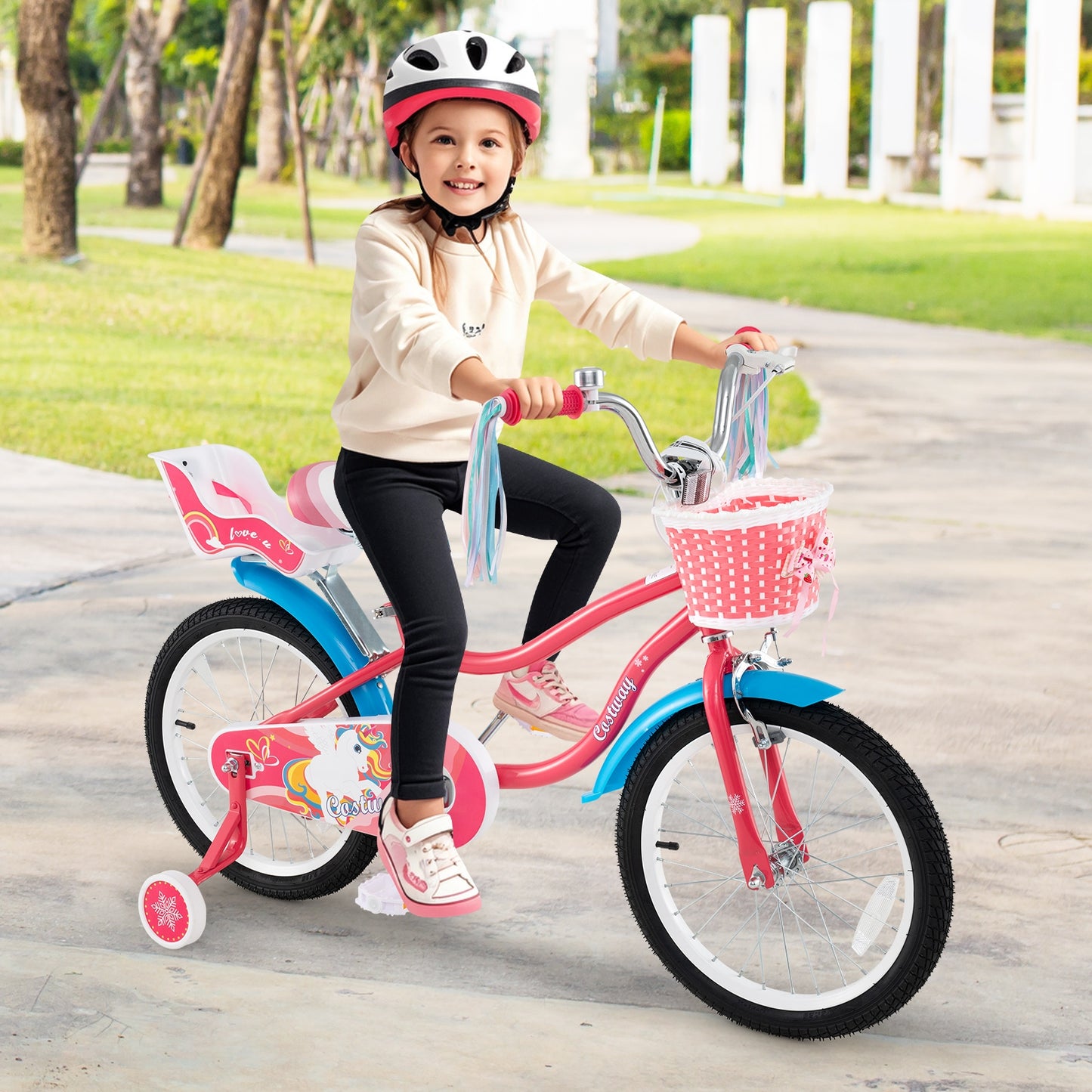 18 Inch Girls Bike for 4-8 Years Old Kids Bike with Doll Seat and Training Wheels, Pink Kids Bike at Gallery Canada
