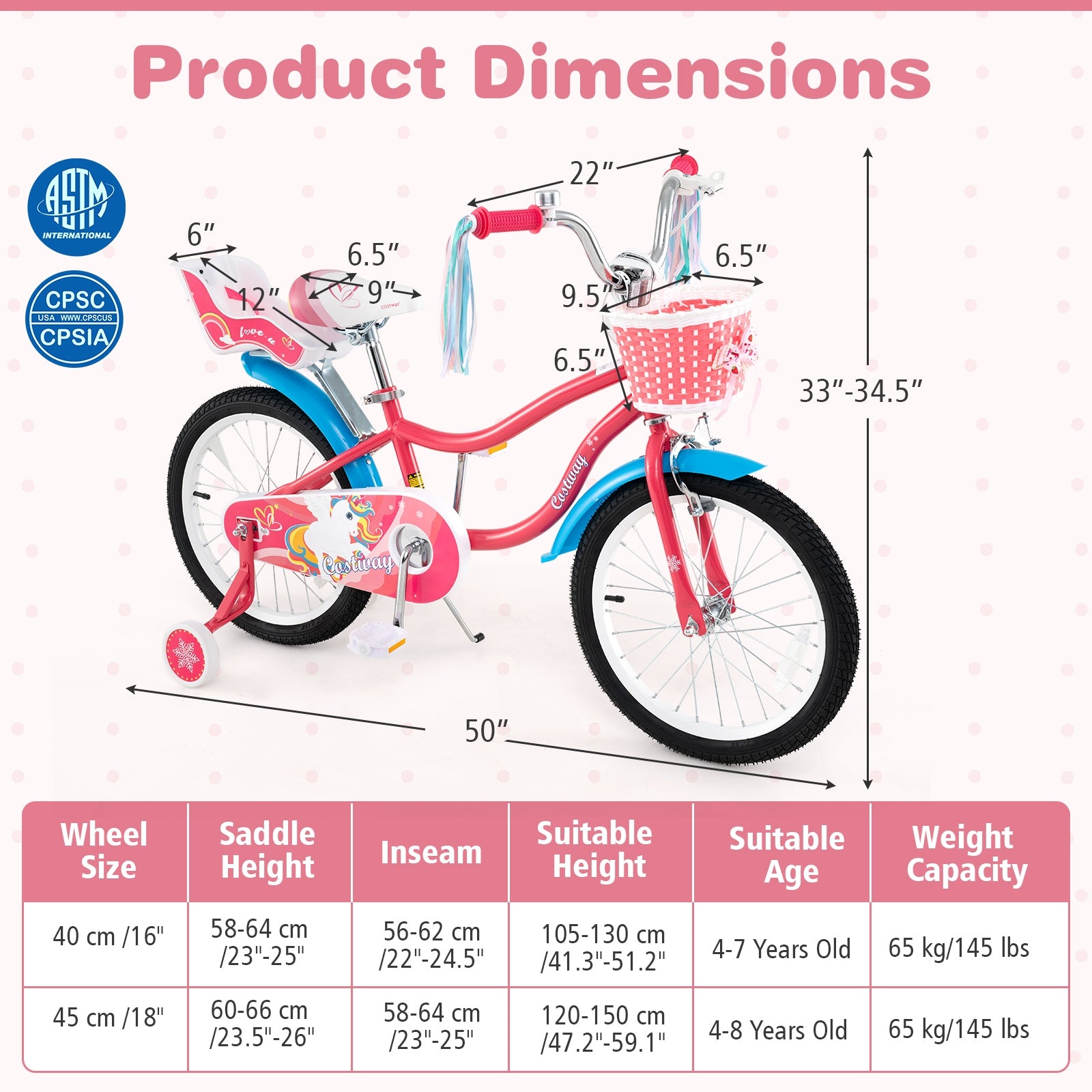 18 Inch Girls Bike for 4-8 Years Old Kids Bike with Doll Seat and Training Wheels, Pink Kids Bike at Gallery Canada