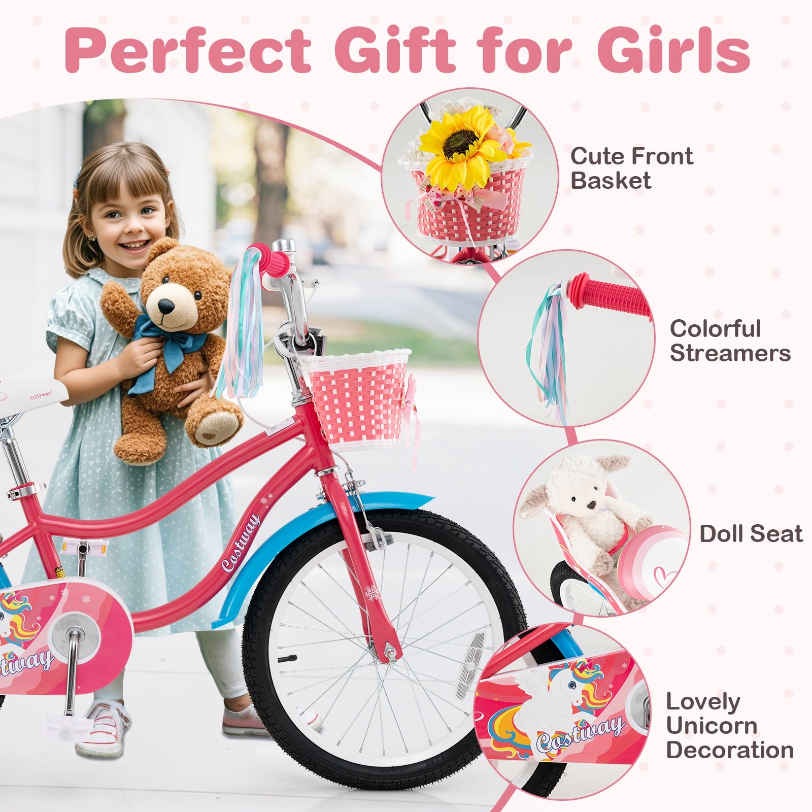 18 Inch Girls Bike for 4-8 Years Old Kids Bike with Doll Seat and Training Wheels, Pink Kids Bike at Gallery Canada