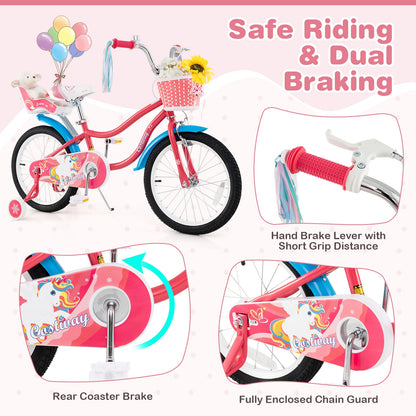 18 Inch Girls Bike for 4-8 Years Old Kids Bike with Doll Seat and Training Wheels, Pink Kids Bike at Gallery Canada