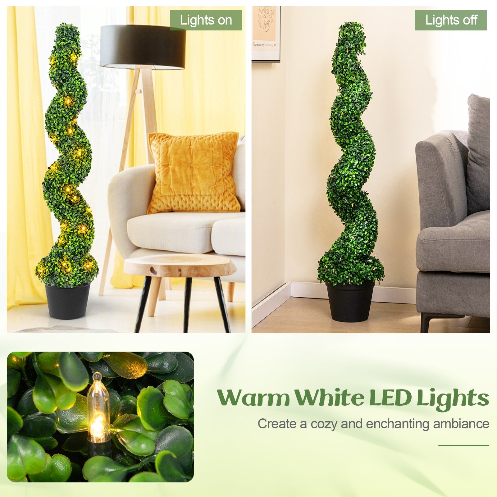 Pre-Lit Artificial Boxwood Spiral Topiary Tree Set of 2 with 100 LED Lights Faux Plants at Gallery Canada