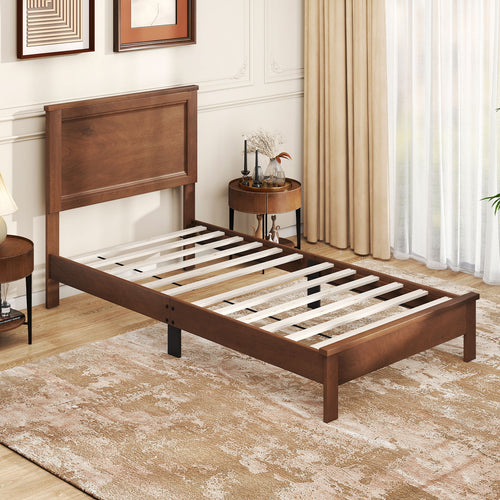 Twin Size Wooden Bed Frame with Headboard and Slat Support, Walnut