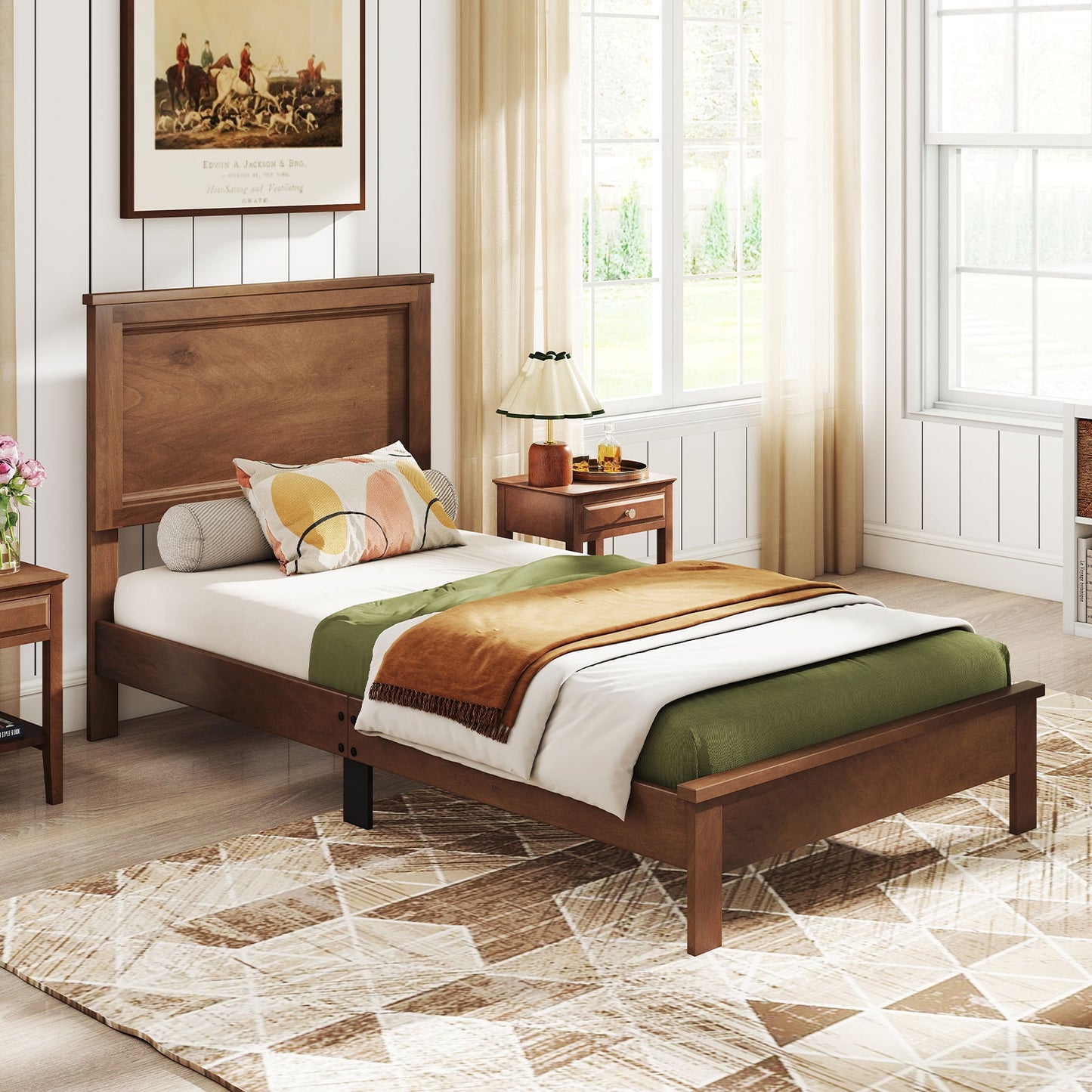 Twin Size Wooden Bed Frame with Headboard and Slat Support, Walnut Simple Bed Frame at Gallery Canada