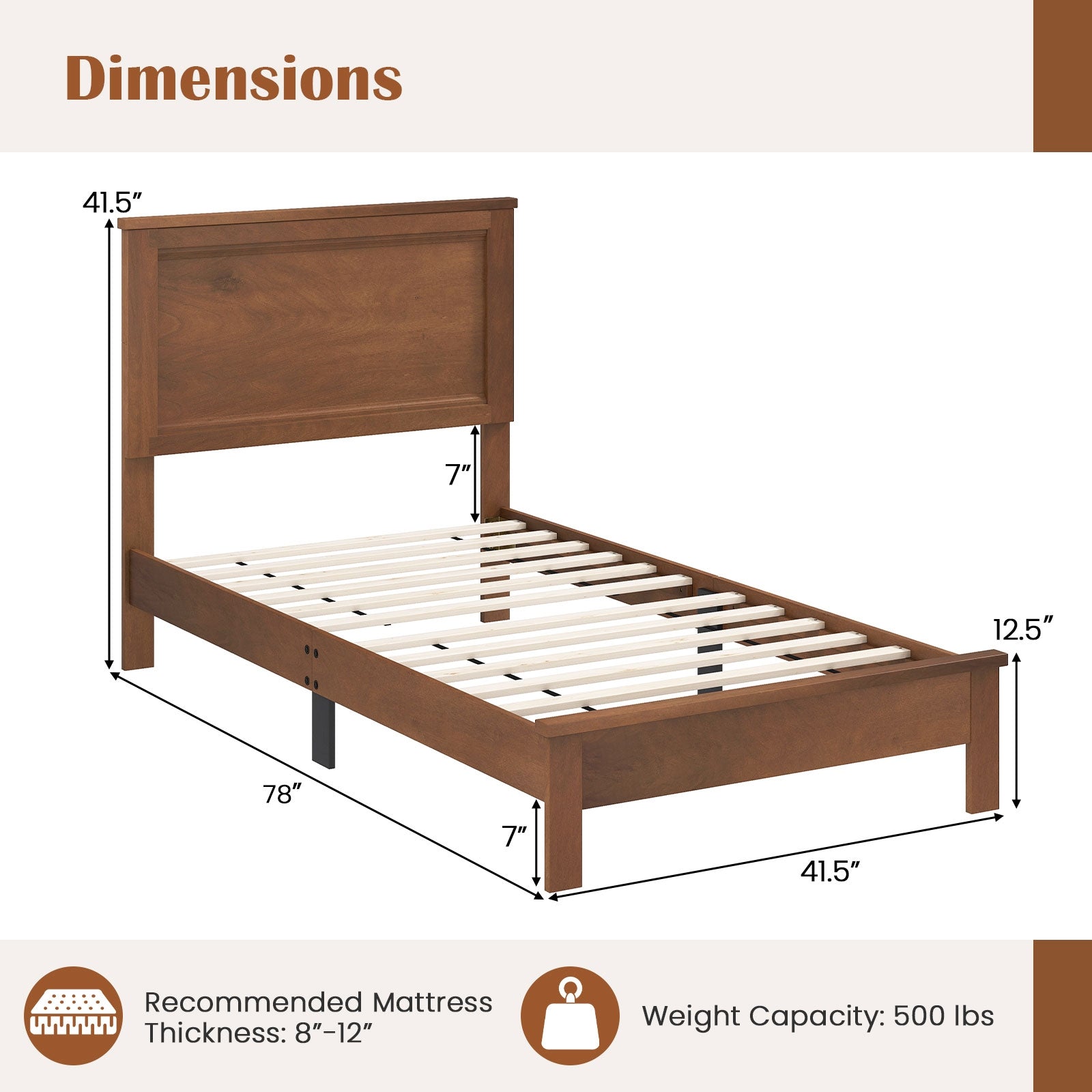 Twin Size Wooden Bed Frame with Headboard and Slat Support, Walnut Simple Bed Frame at Gallery Canada