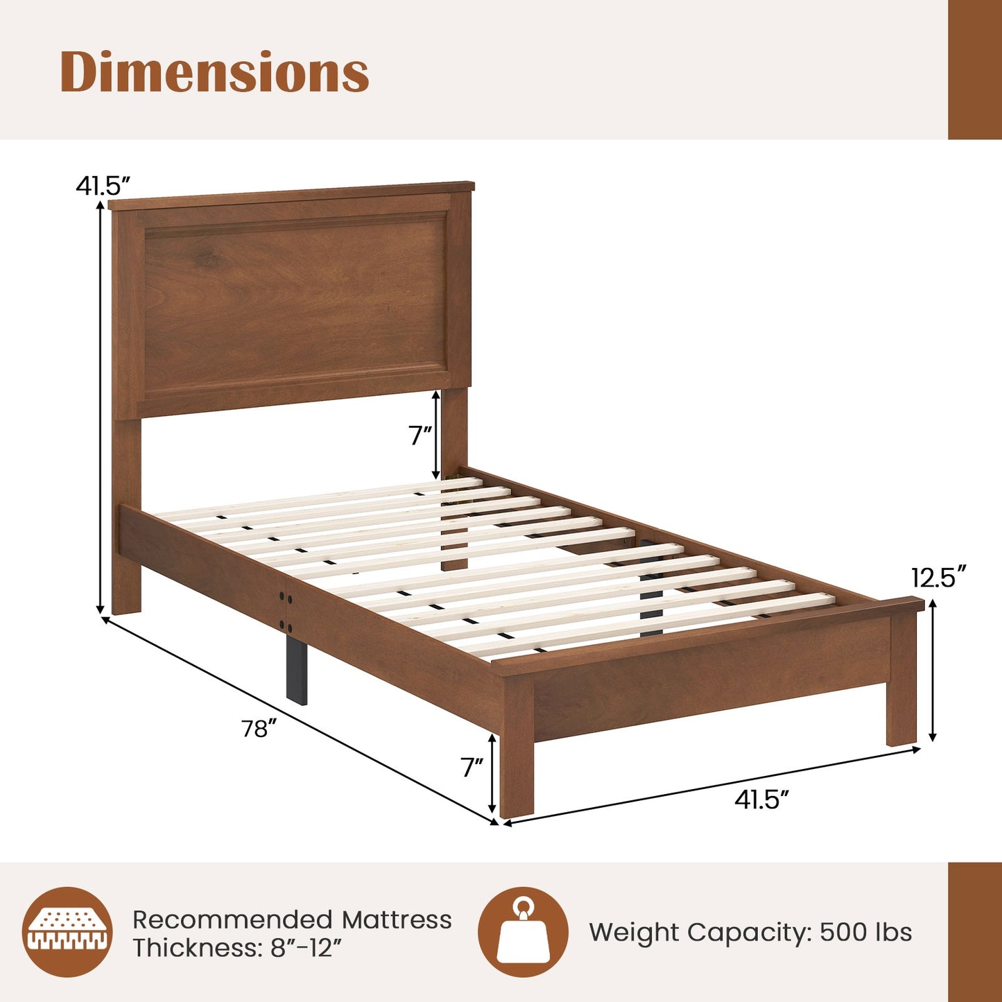 Twin Size Wooden Bed Frame with Headboard and Slat Support, Walnut Simple Bed Frame at Gallery Canada