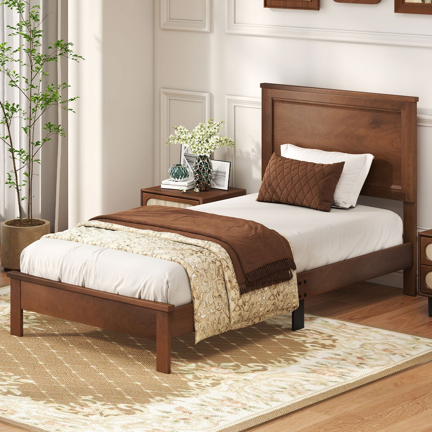 Twin Size Wooden Bed Frame with Headboard and Slat Support, Walnut Simple Bed Frame at Gallery Canada