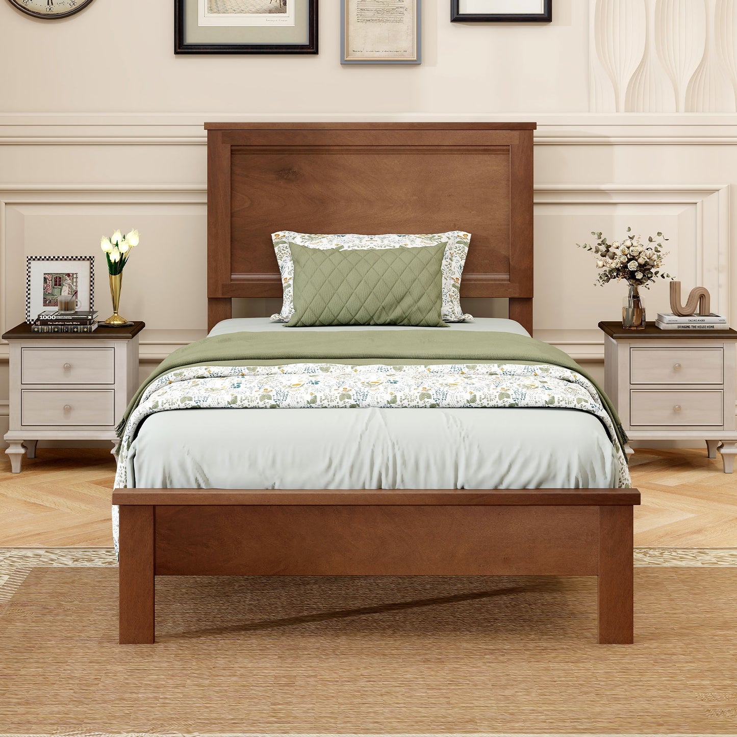 Twin Size Wooden Bed Frame with Headboard and Slat Support, Walnut Simple Bed Frame at Gallery Canada