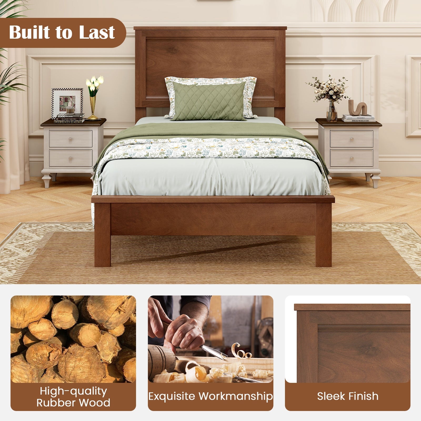 Twin Size Wooden Bed Frame with Headboard and Slat Support, Walnut Simple Bed Frame at Gallery Canada